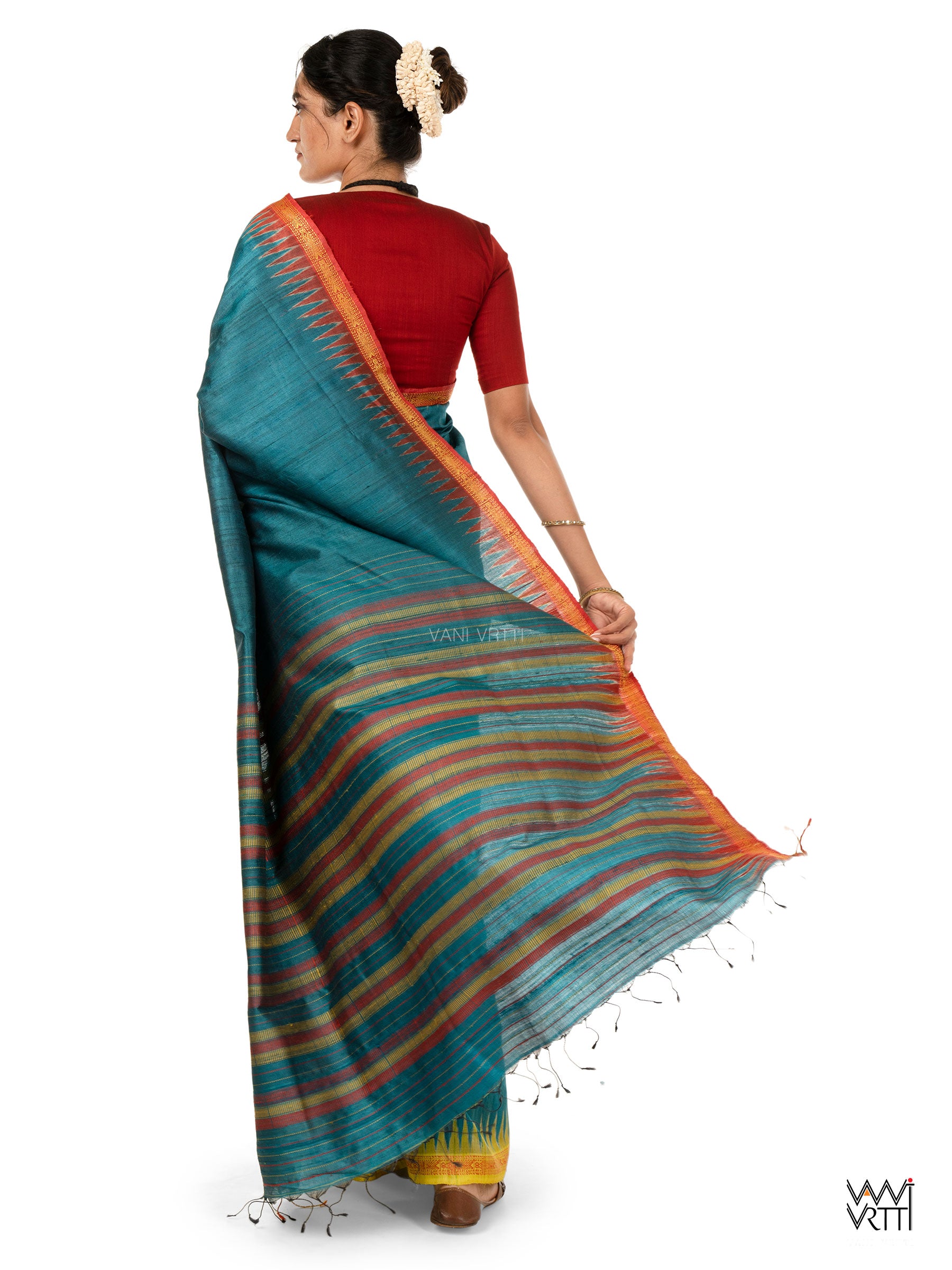 Deep Teal Red Mustard Aarush Handspun Tussar Silk Saree