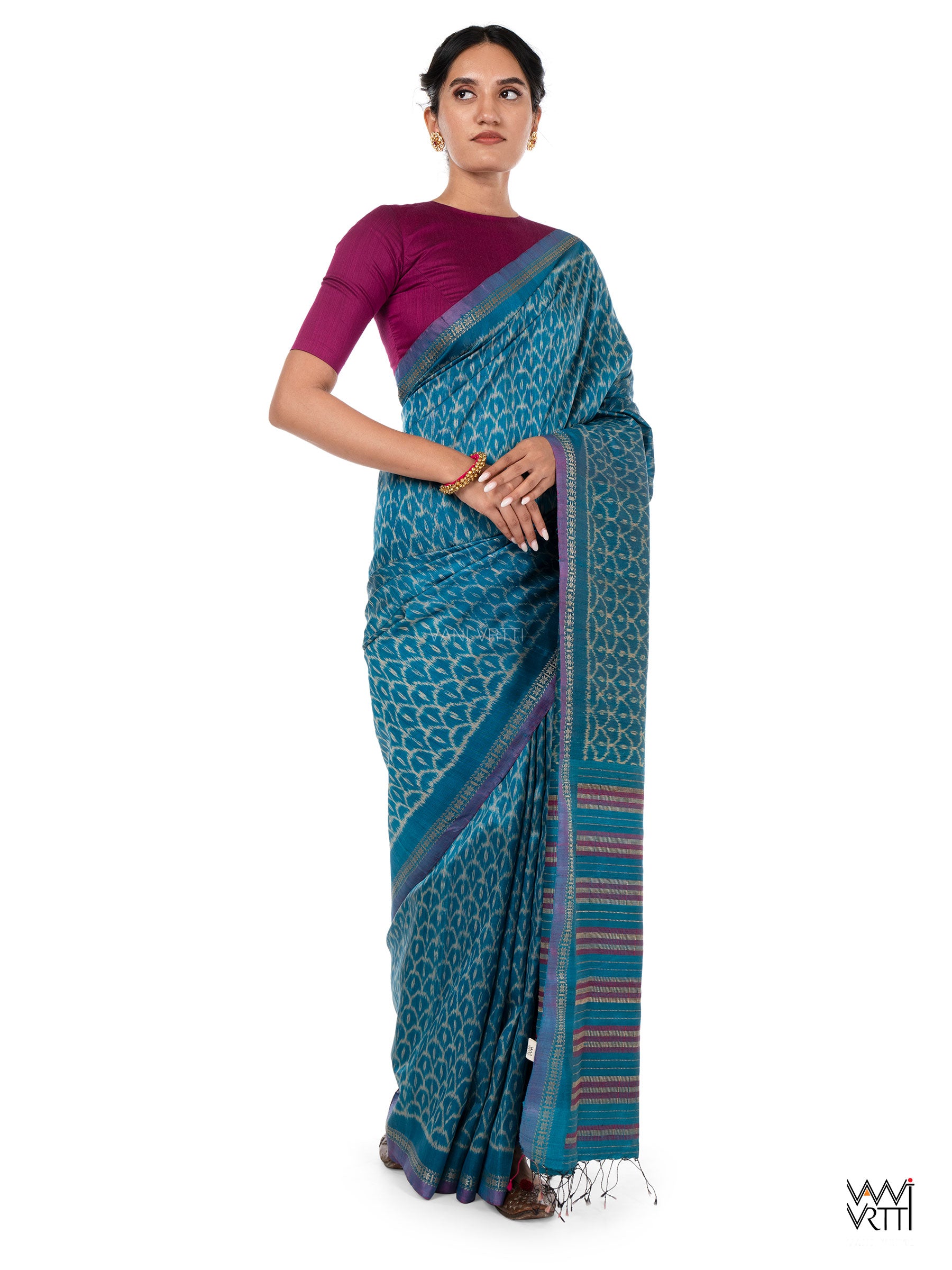 Firozi Blue Samudra Lahar Ikat Handspun Tussar Silk Saree