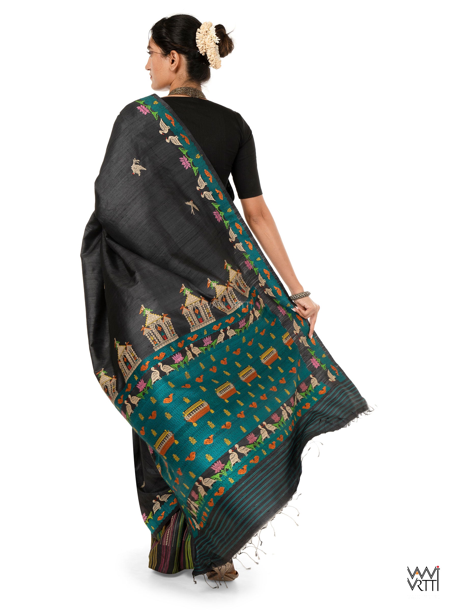 Slate Black Chilika Master Weave Exclusive Handspun Tussar Silk Saree