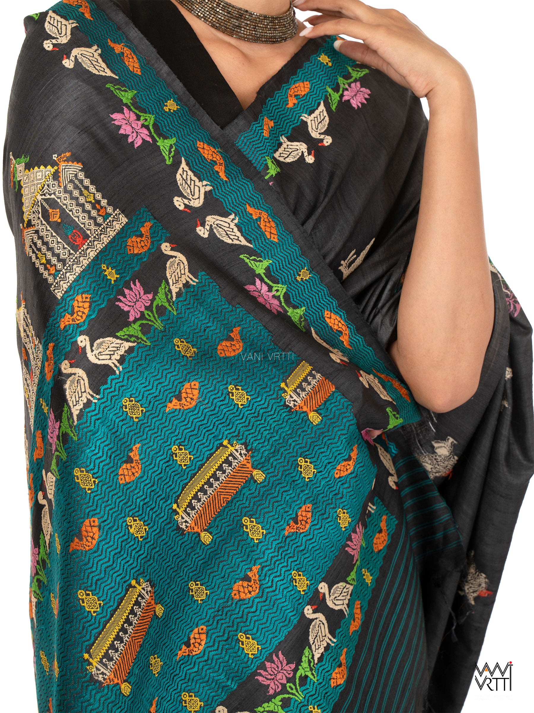 Slate Black Chilika Master Weave Exclusive Handspun Tussar Silk Saree