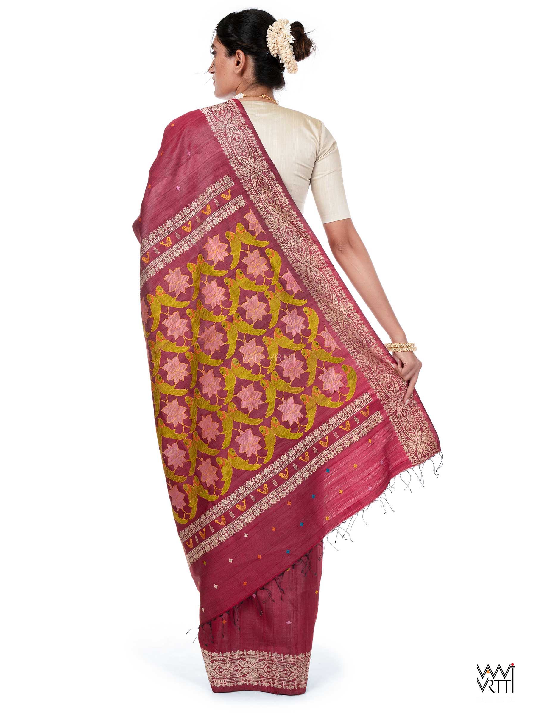 Classic Red Lotus Parrot Jaal Designer Exclusive Handspun Handwoven Tussar Silk Saree