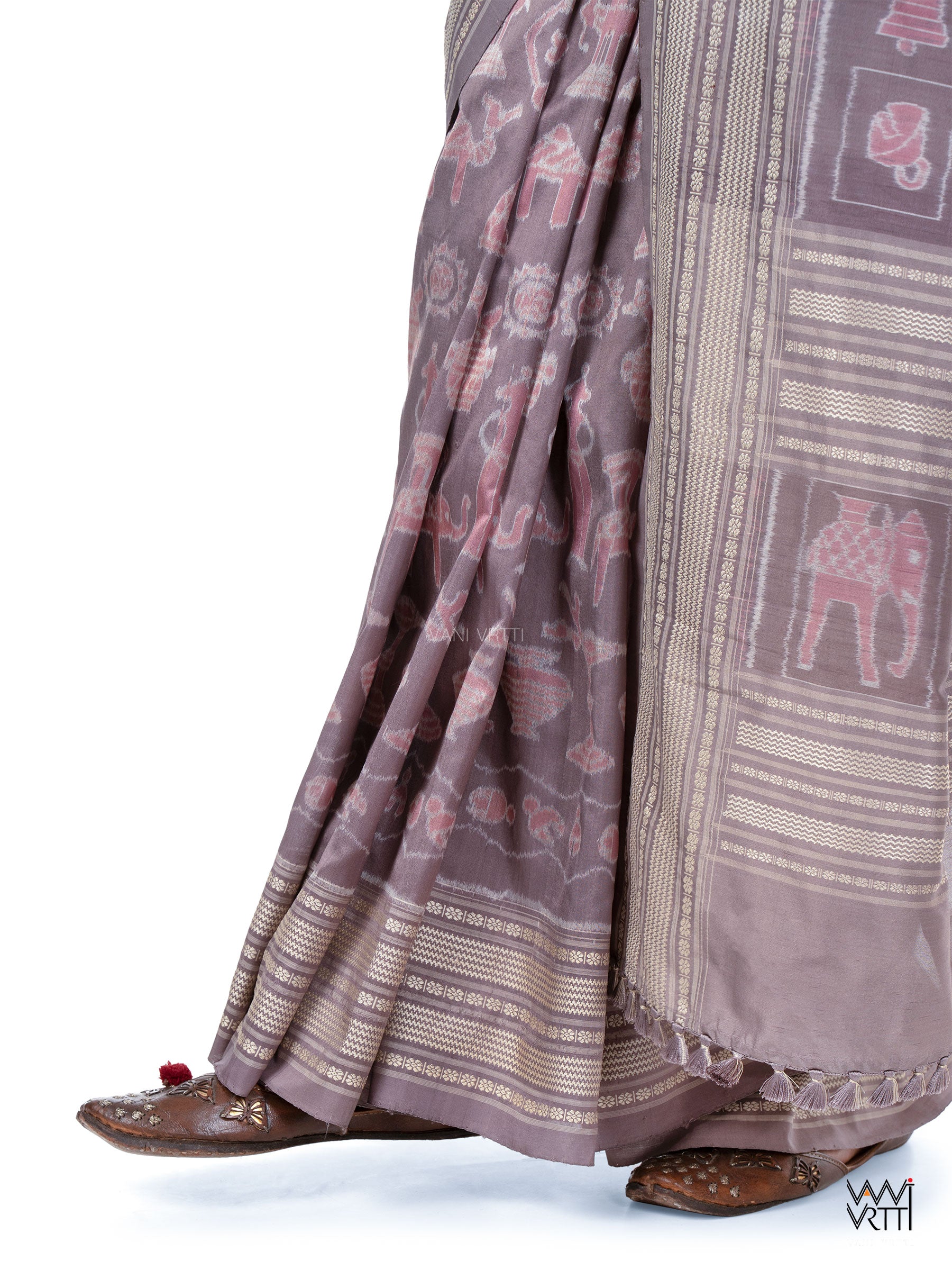 Dhokra Art Prakritik Lac & Tea Natural Dyed Mulberry Silk Ikat Saree