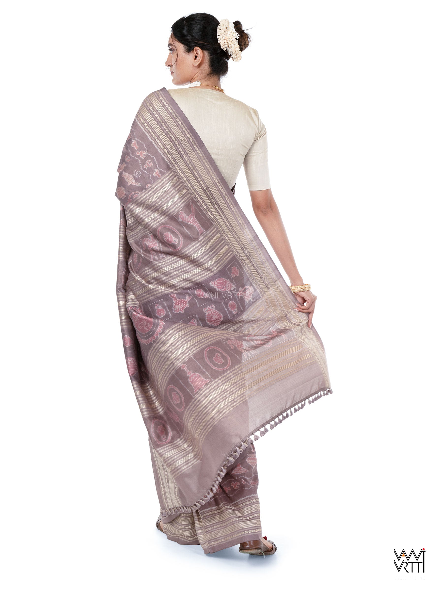 Dhokra Art Prakritik Lac & Tea Natural Dyed Mulberry Silk Ikat Saree