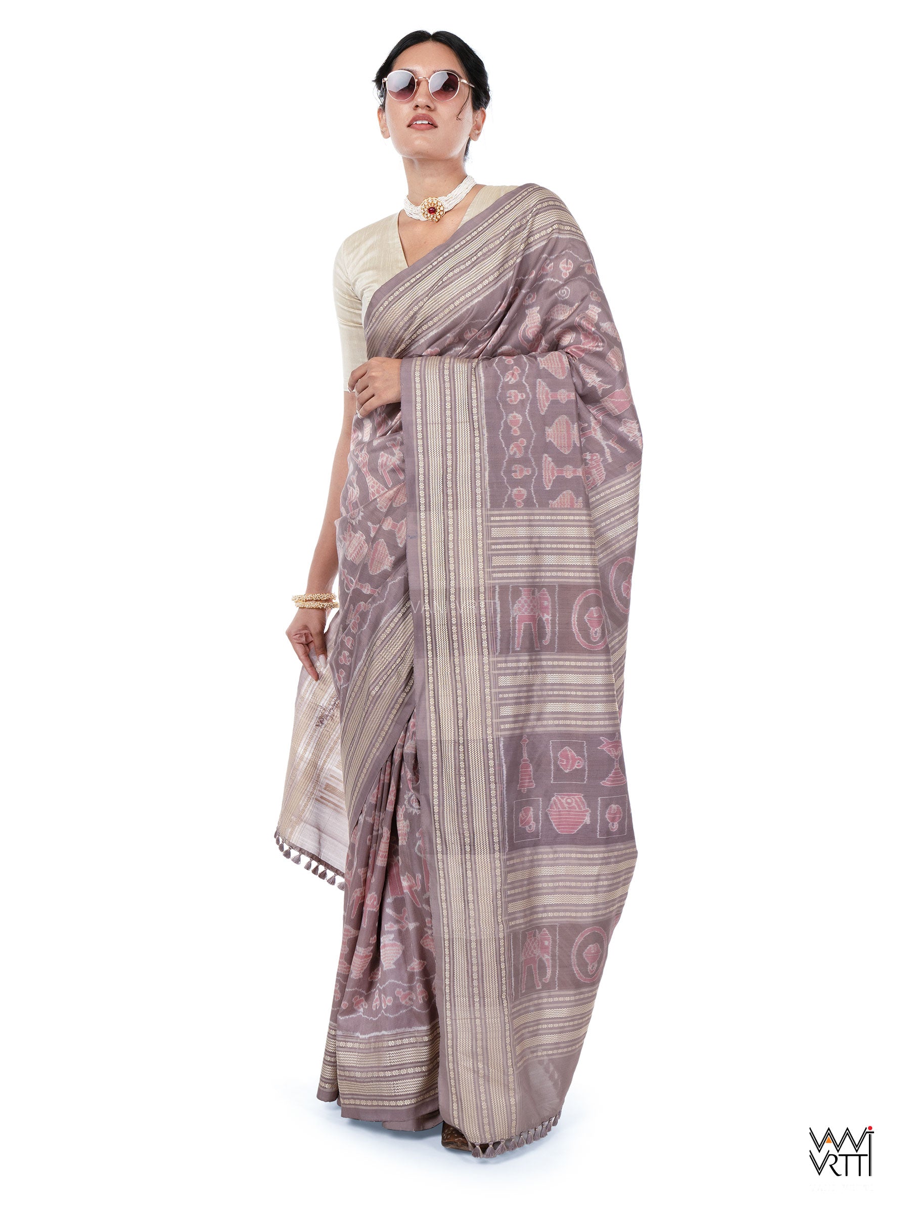 Dhokra Art Prakritik Lac & Tea Natural Dyed Mulberry Silk Ikat Saree