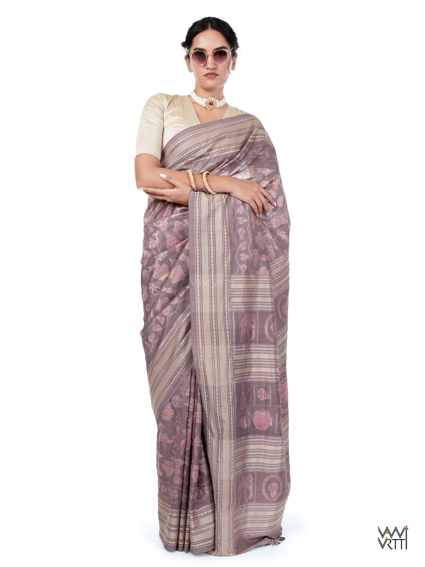Dhokra Art Prakritik Lac & Tea Natural Dyed Mulberry Silk Ikat Saree