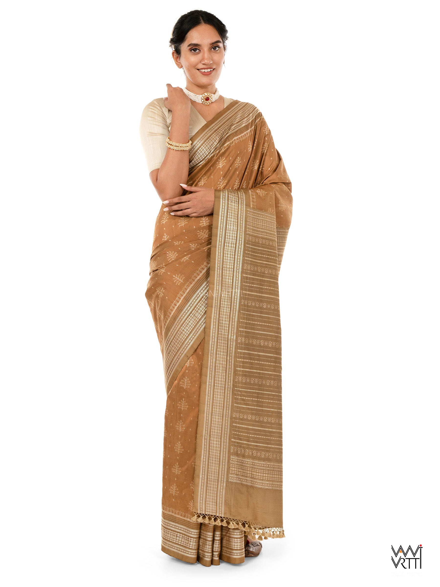 Khadi Brown Tree of Life Natural Dyed Mulberry Silk Ikat Saree