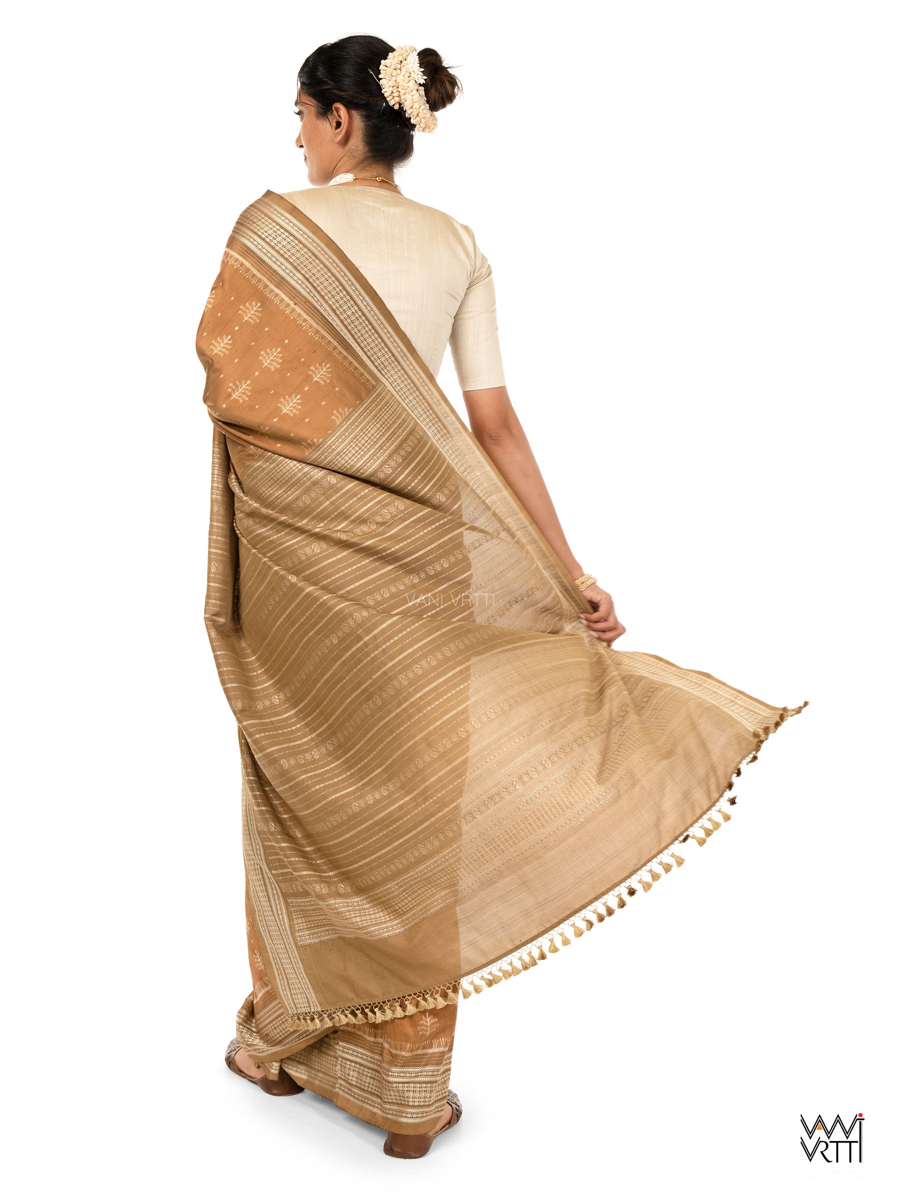 Khadi Brown Tree of Life Natural Dyed Mulberry Silk Ikat Saree
