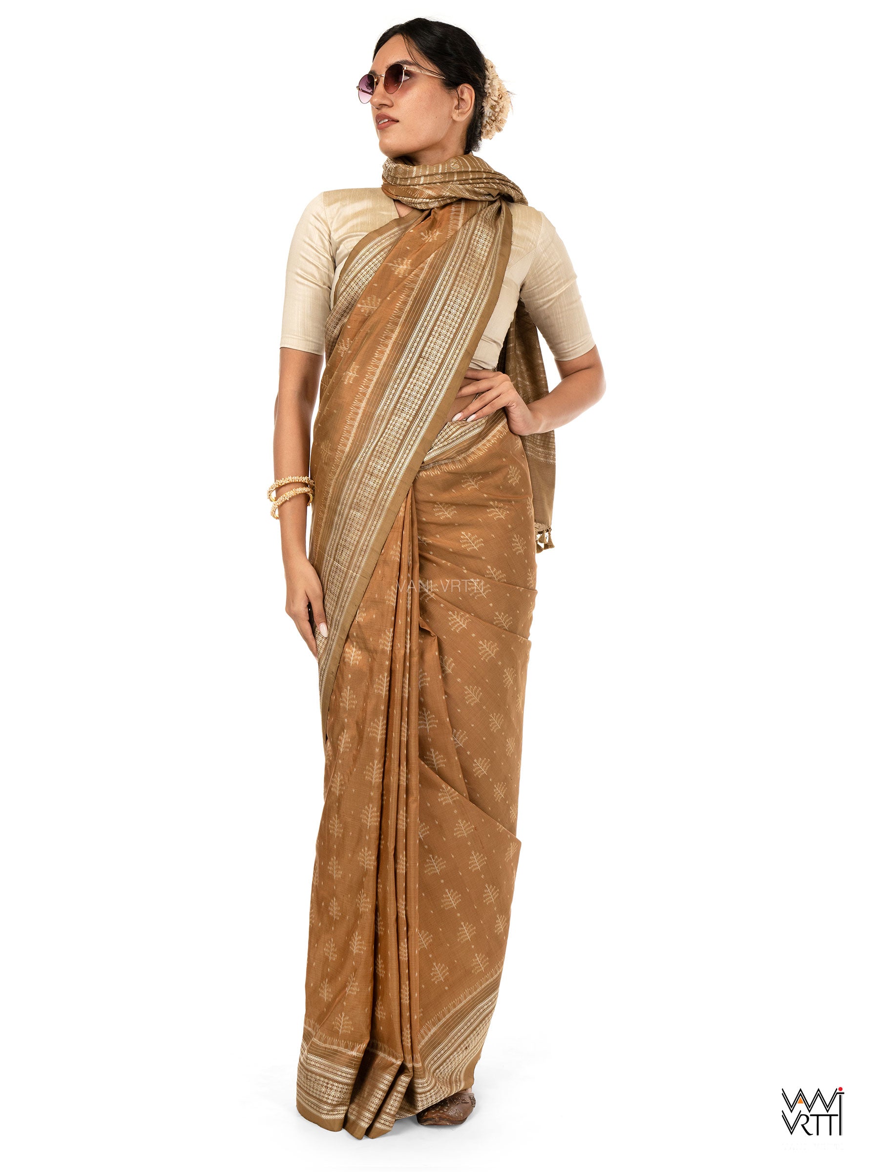 Khadi Brown Tree of Life Natural Dyed Mulberry Silk Ikat Saree