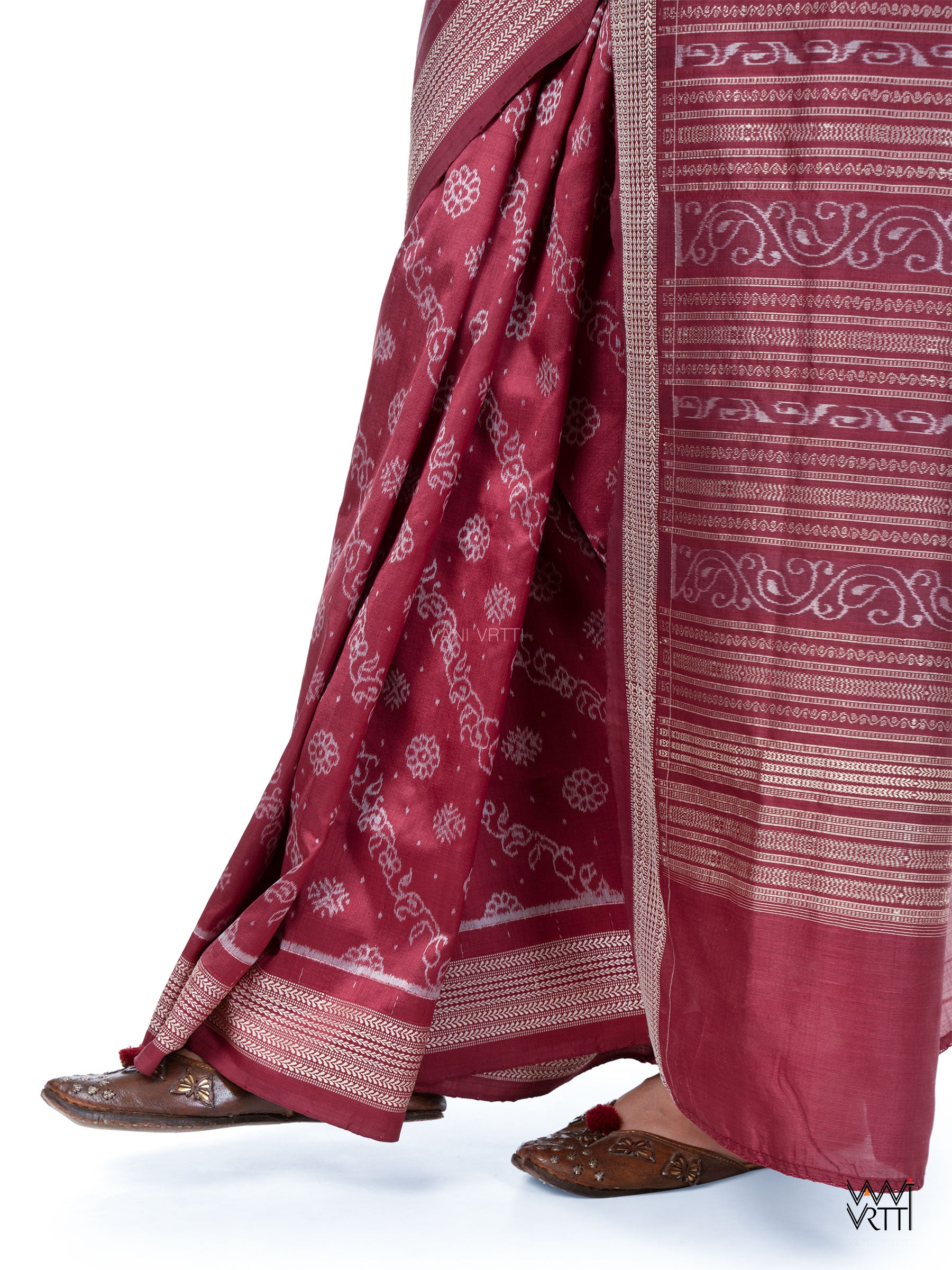 Burgundy Pink Mehendi Bail Phool Prakritik Lac Natural Dyed Mulberry Silk Ikat Saree