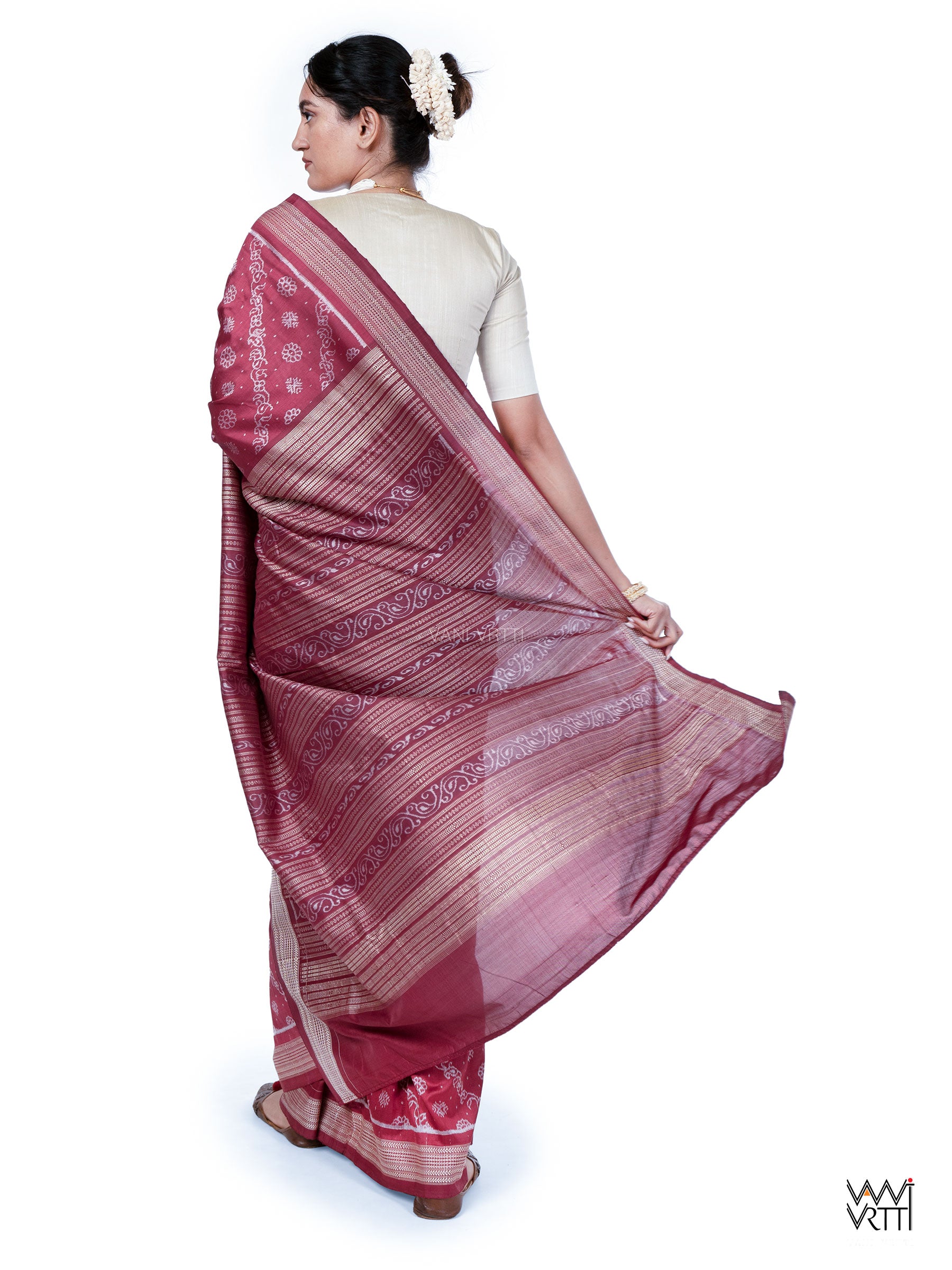 Burgundy Pink Mehendi Bail Phool Prakritik Lac Natural Dyed Mulberry Silk Ikat Saree