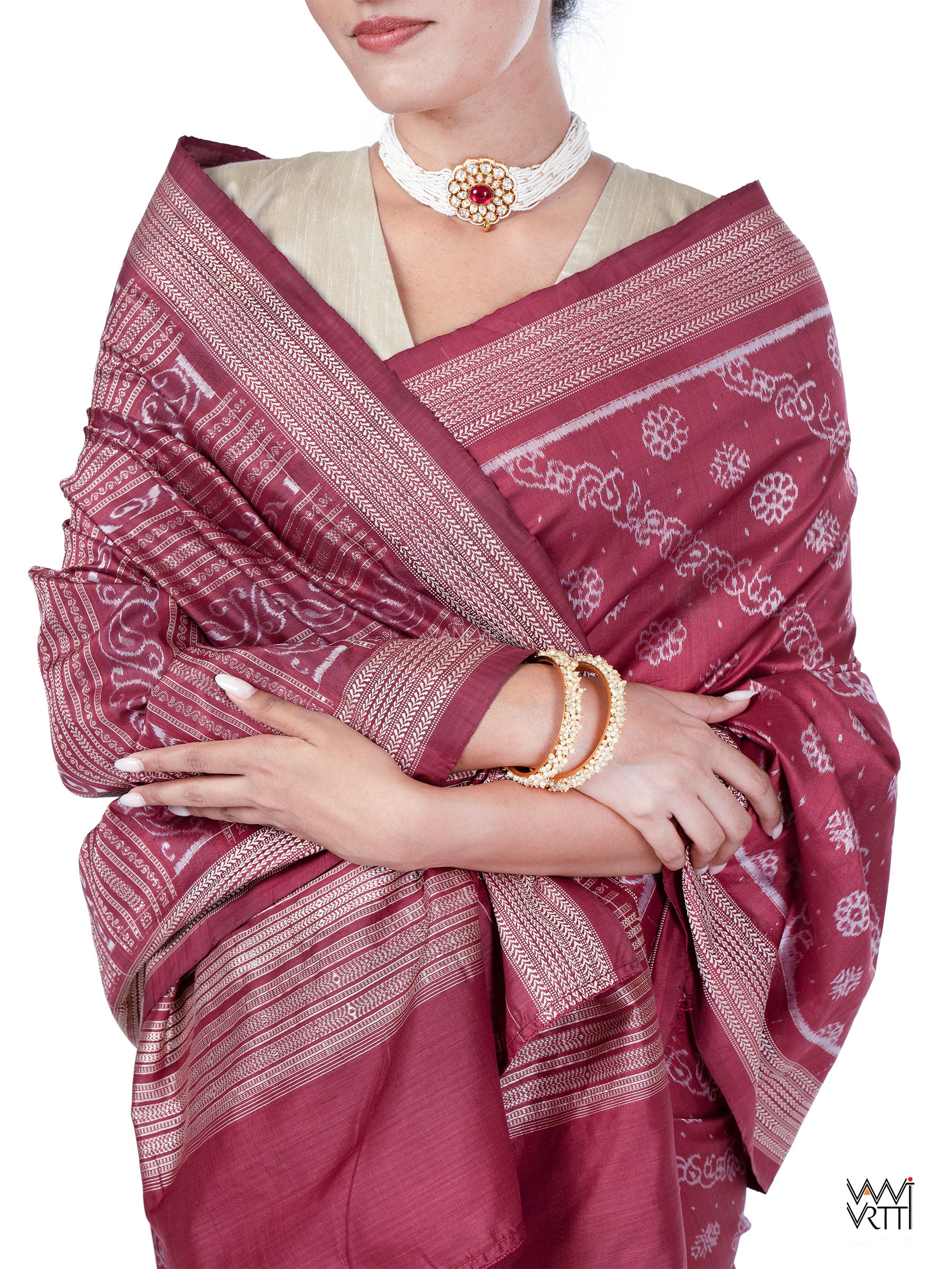 Burgundy Pink Mehendi Bail Phool Prakritik Lac Natural Dyed Mulberry Silk Ikat Saree