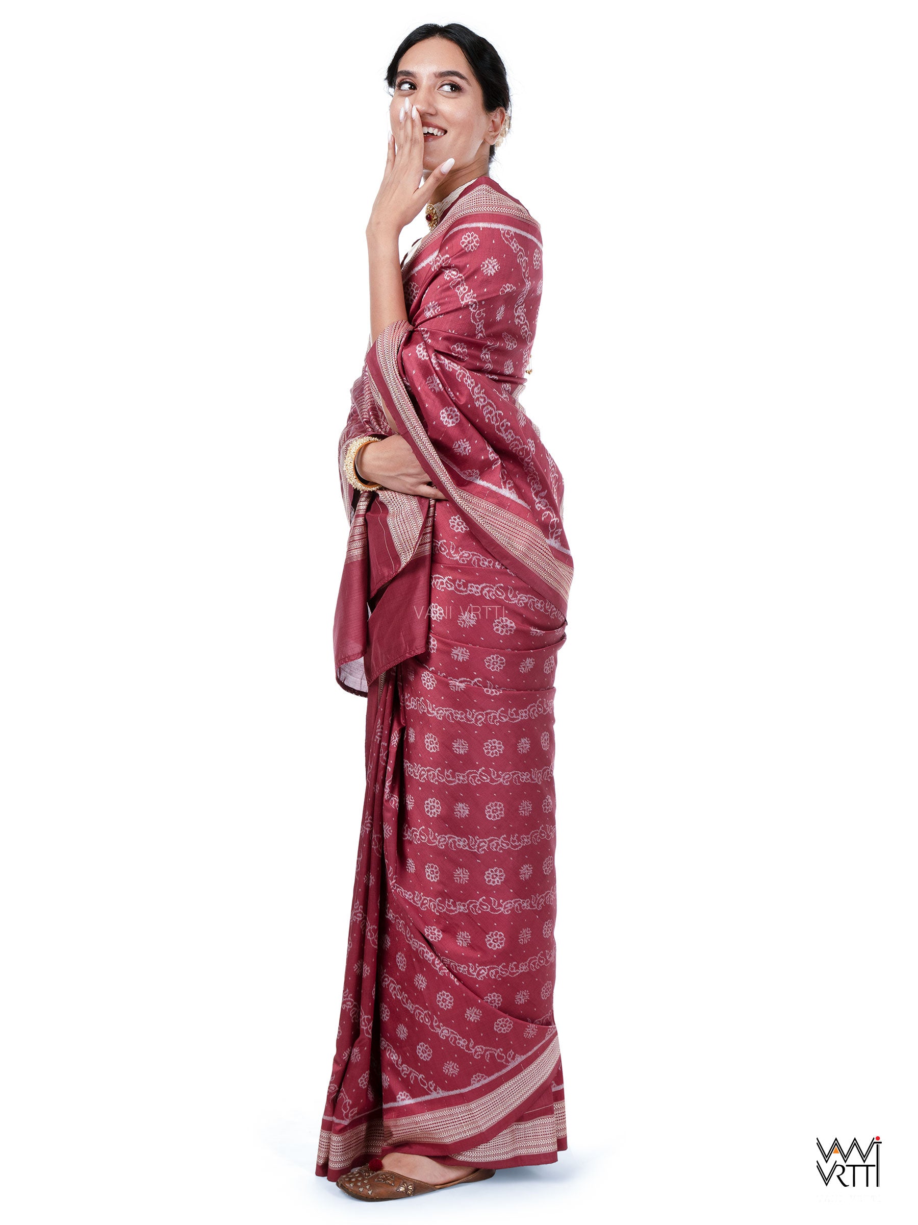 Burgundy Pink Mehendi Bail Phool Prakritik Lac Natural Dyed Mulberry Silk Ikat Saree