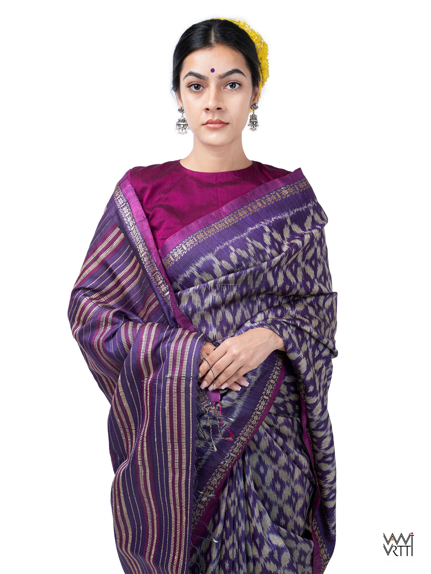 Purple Lily Ikat Handspun Tussar Silk Saree