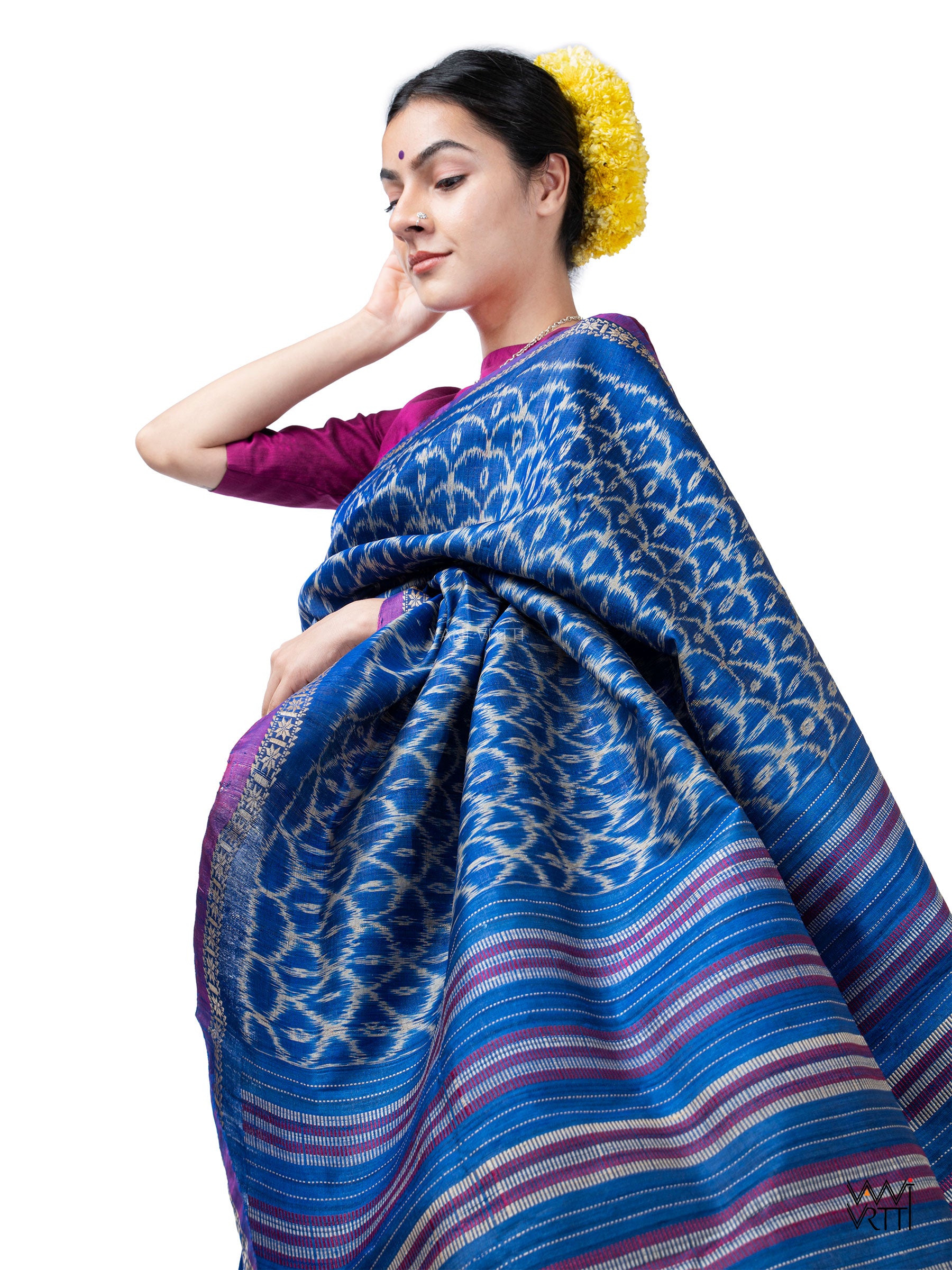 Royal Blue Samudra Lahar Ikat Handspun Tussar Silk Sari