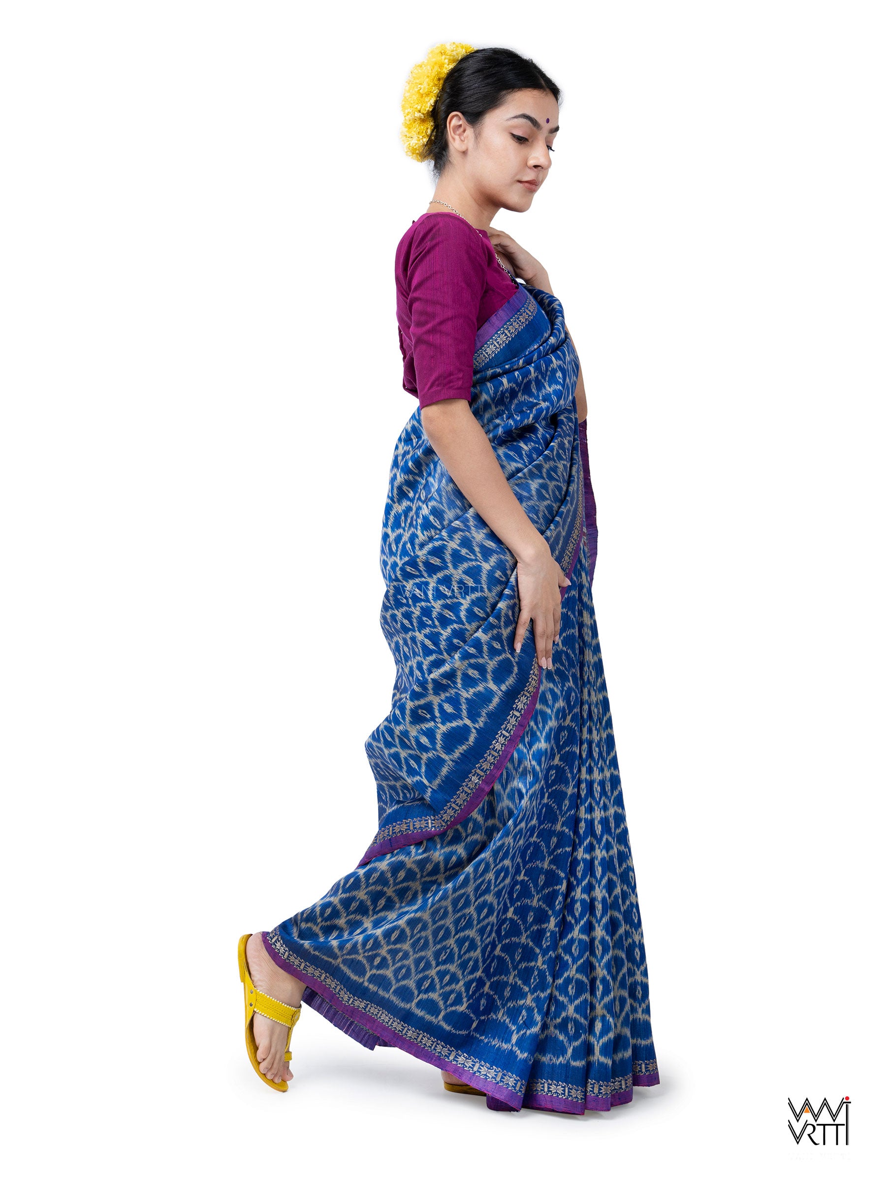Royal Blue Samudra Lahar Ikat Handspun Tussar Silk Sari