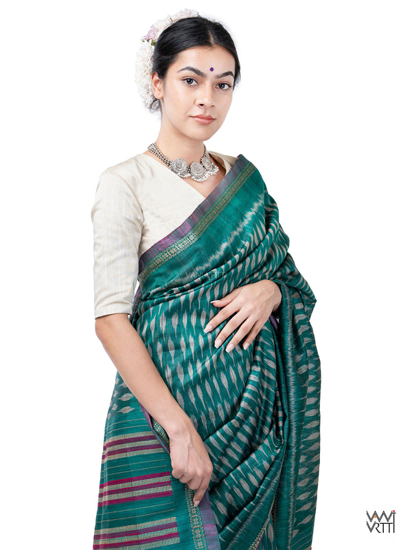 Emerald Green Kadamba Ikat Handspun Tussar Silk Saree