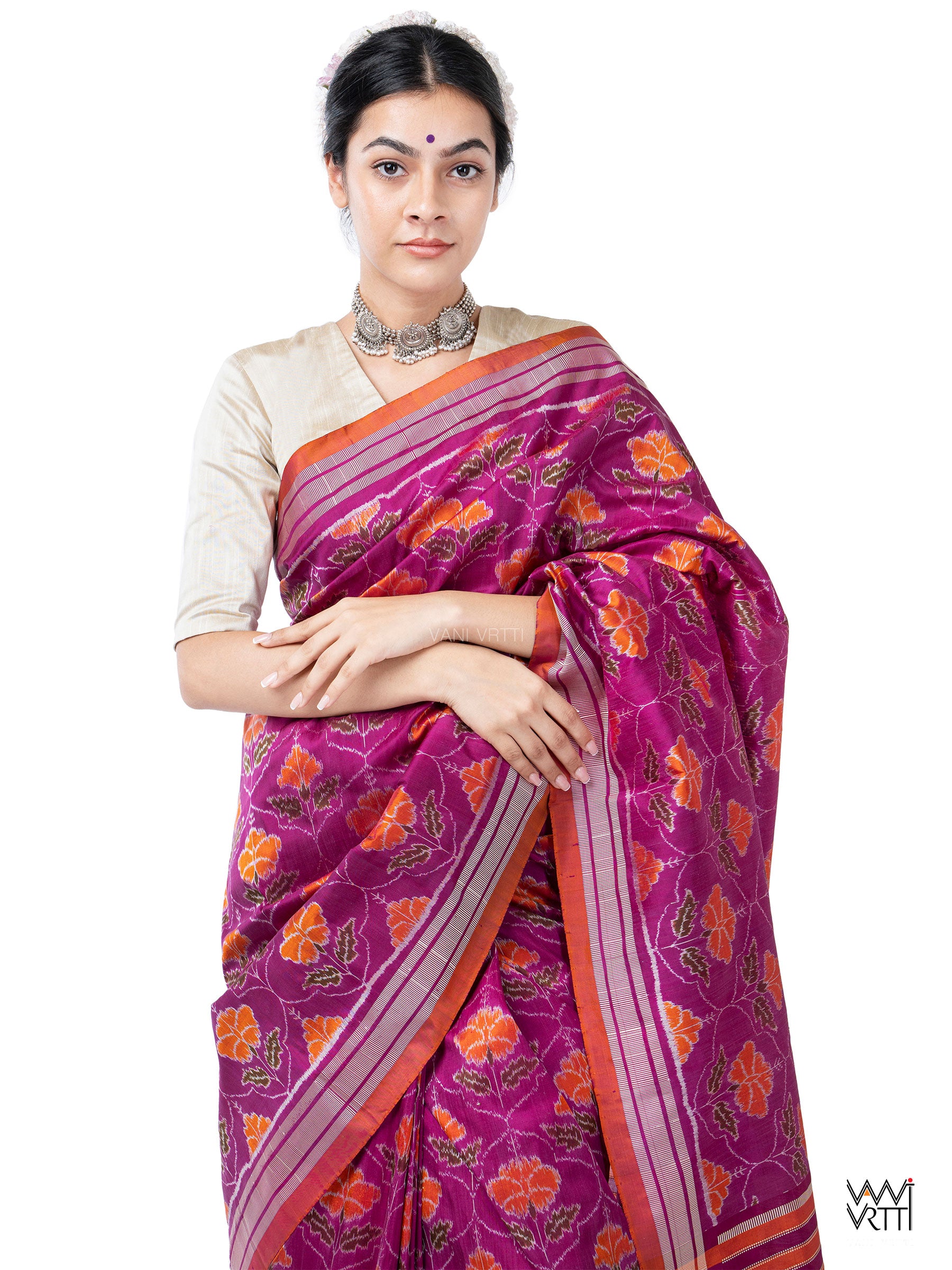 Deep Purplish Bougainvillea Pink Laal Jaba Mulberry Silk Ikat Sari