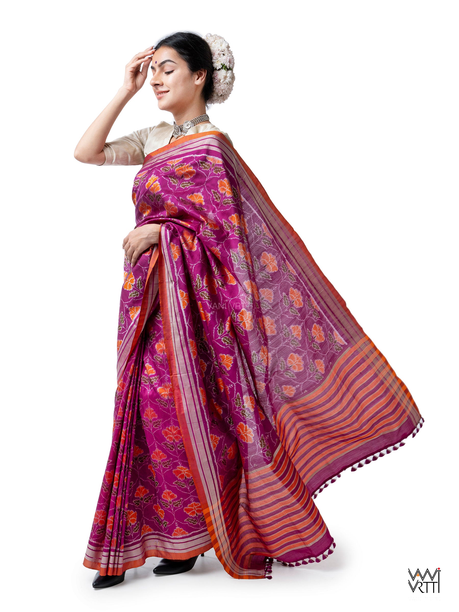 Deep Purplish Bougainvillea Pink Laal Jaba Mulberry Silk Ikat Sari