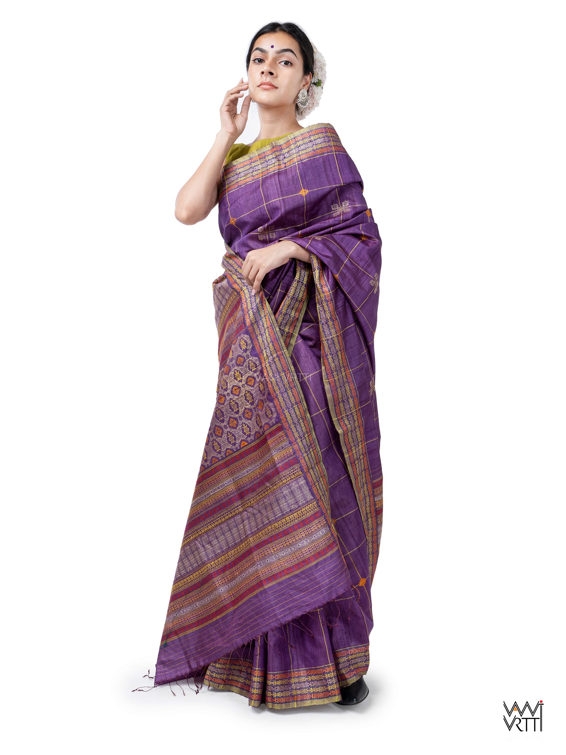 Deep Purple Matsya Kachhap Checks Handspun Tussar Silk Saree