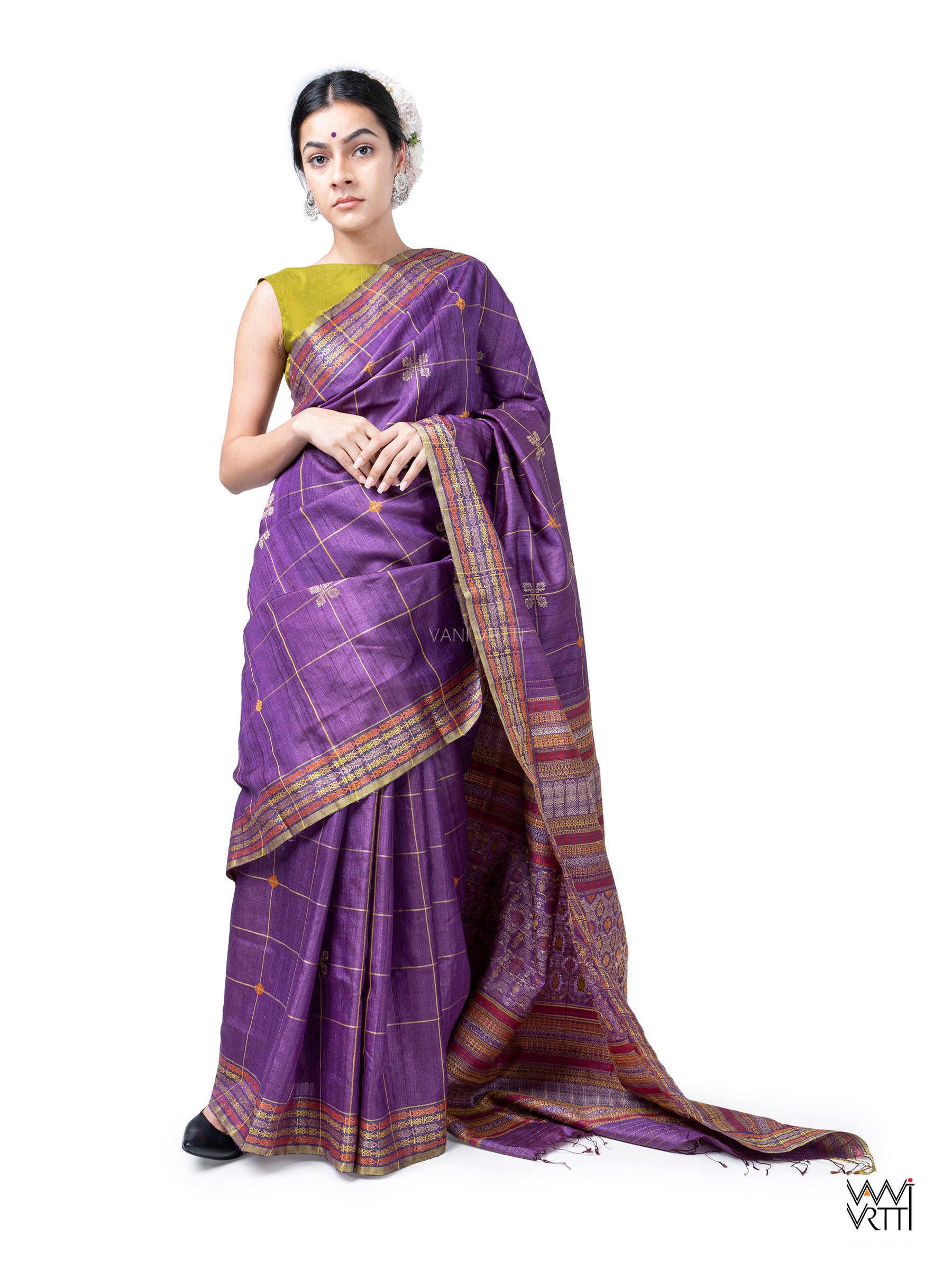 Deep Purple Matsya Kachhap Checks Handspun Tussar Silk Saree