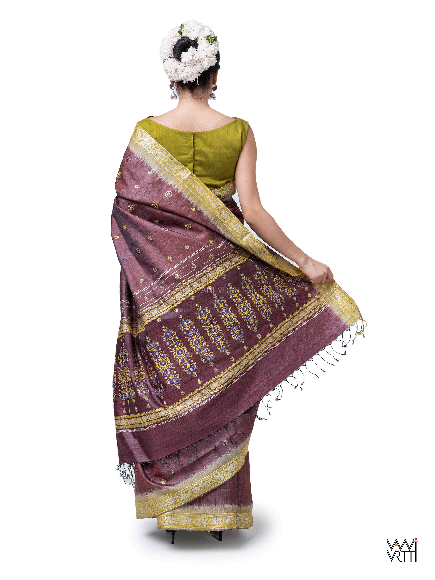 Brown Brahma Kamal Master Weave Exclusive Handspun Tussar Silk Saree