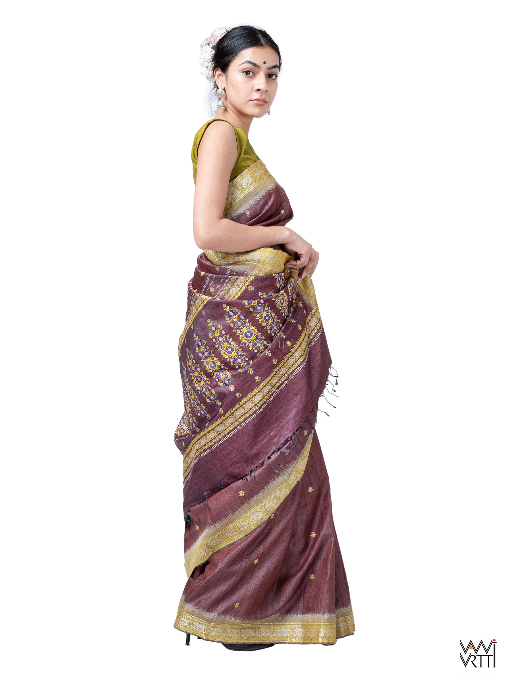 Brown Brahma Kamal Master Weave Exclusive Handspun Tussar Silk Saree