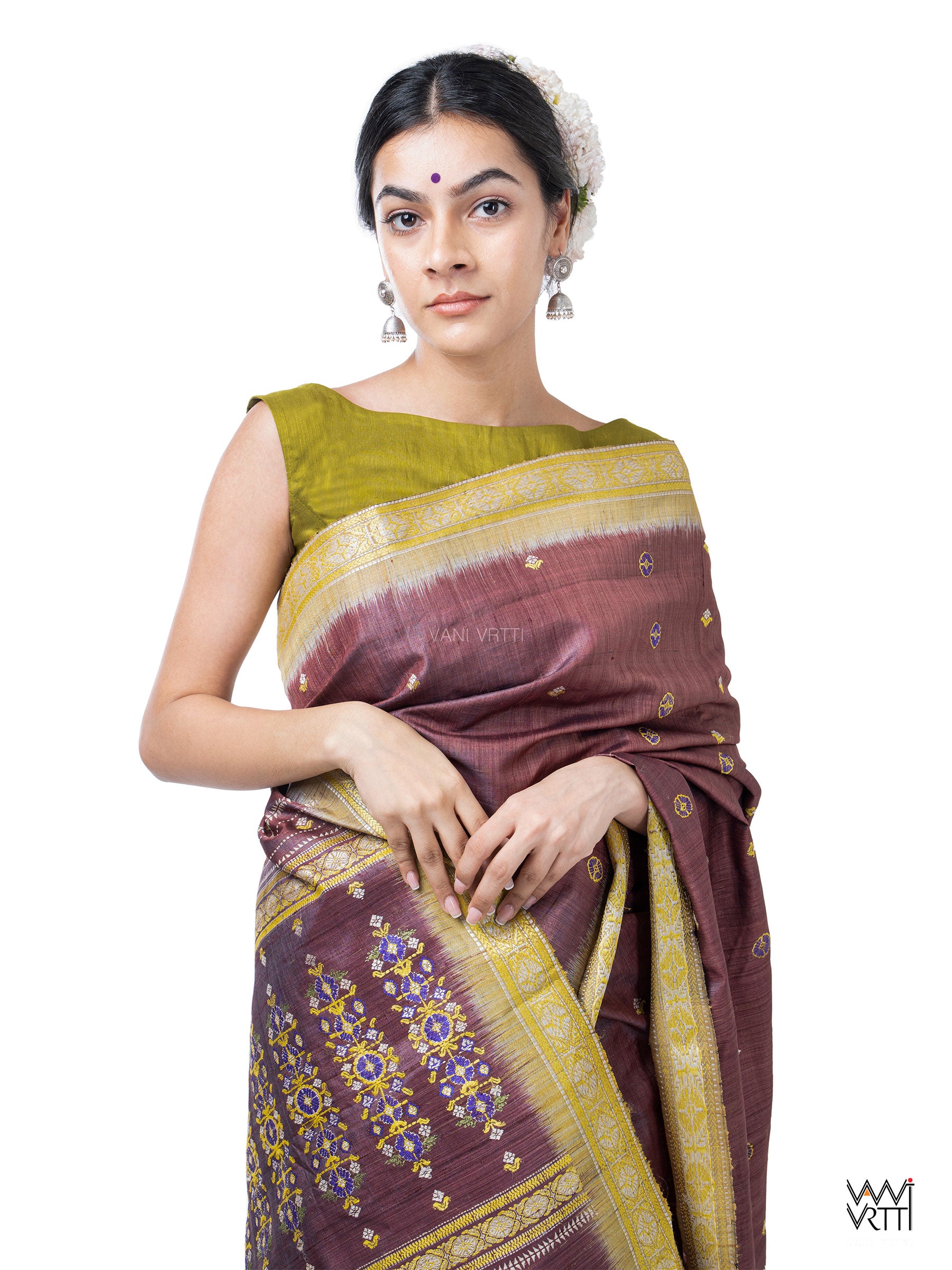 Brown Brahma Kamal Master Weave Exclusive Handspun Tussar Silk Saree