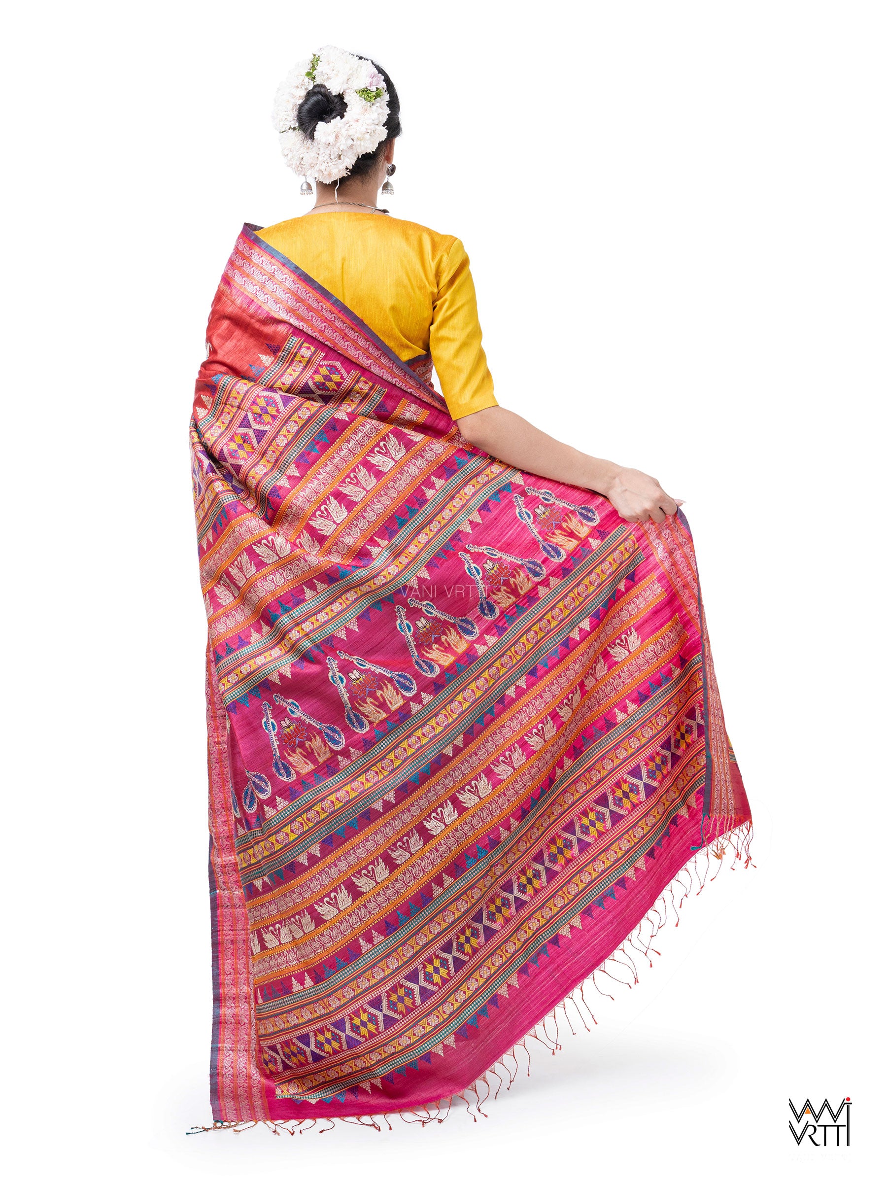 Tomato Red Magenta Veena Pani Lata Master Weave Exclusive Handspun Tussar Silk Saree
