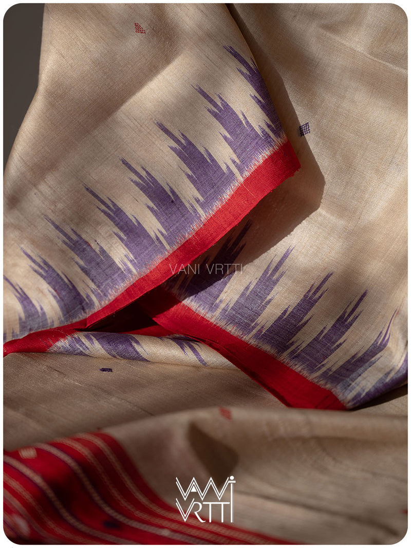 Off White Purple Red Nadi Handspun Tussar Silk Saree