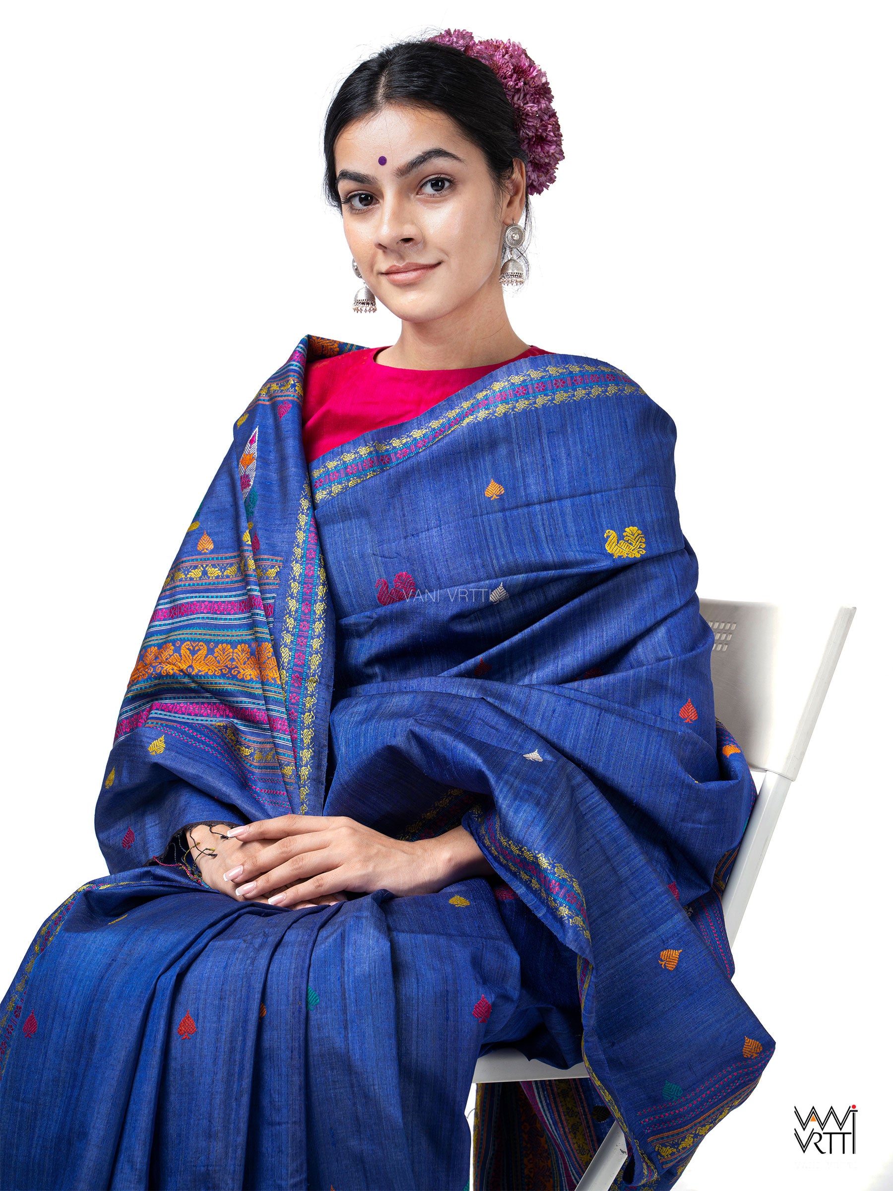 Ink Blue Mughal Garden Exclusive Handspun Tussar Silk Saree