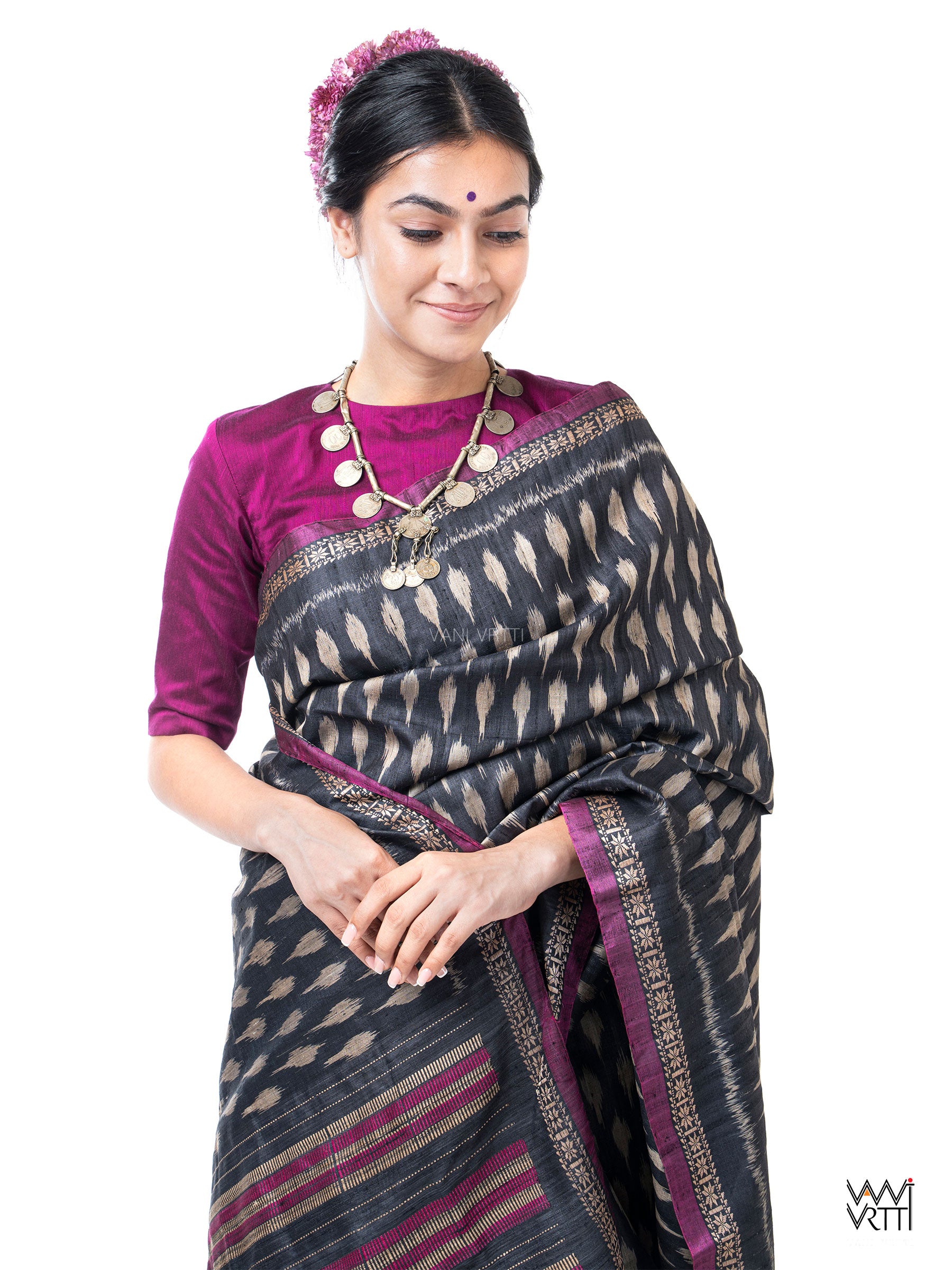 Slate Black Kadamba Ikat Handspun Tussar Silk Saree