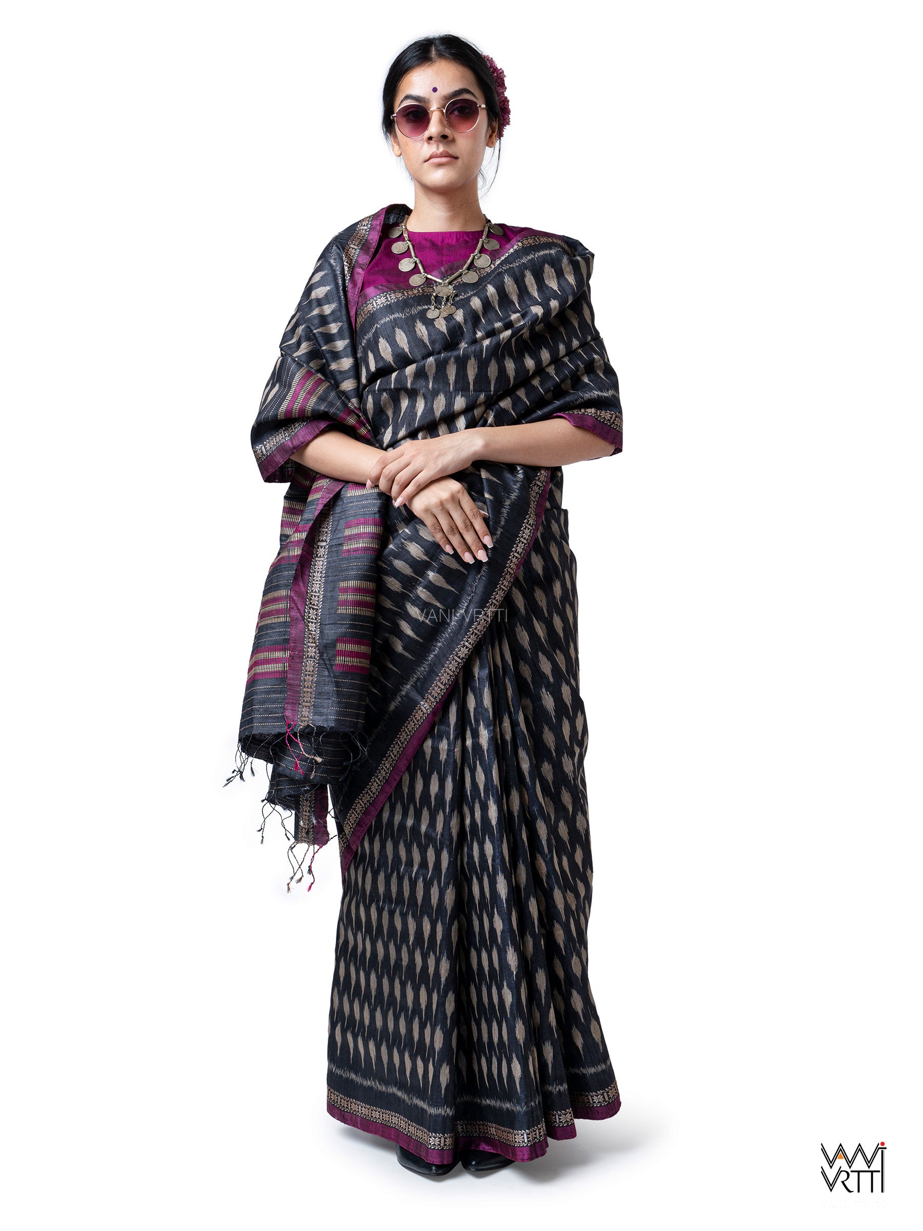 Slate Black Kadamba Ikat Handspun Tussar Silk Saree