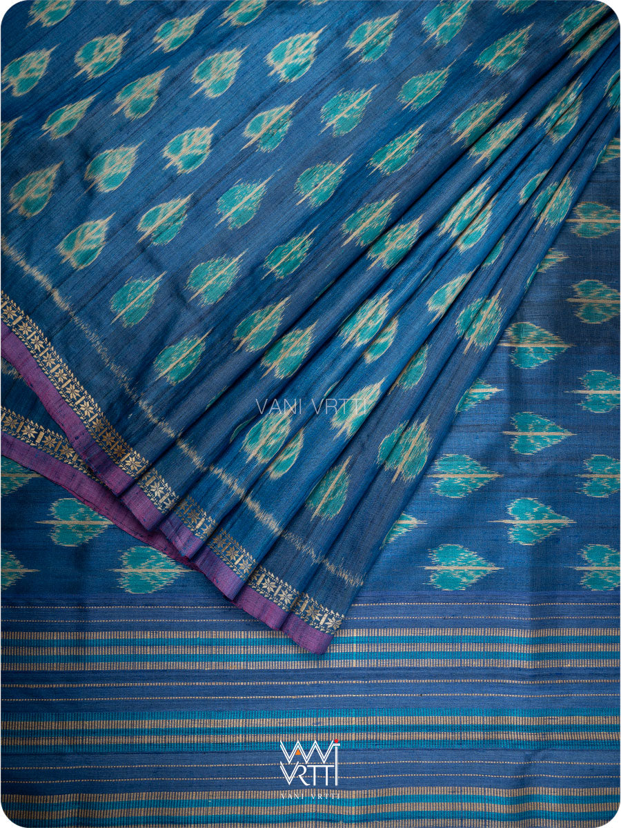 Royal Blue Peepal Ikat Handspun Tussar Silk Saree