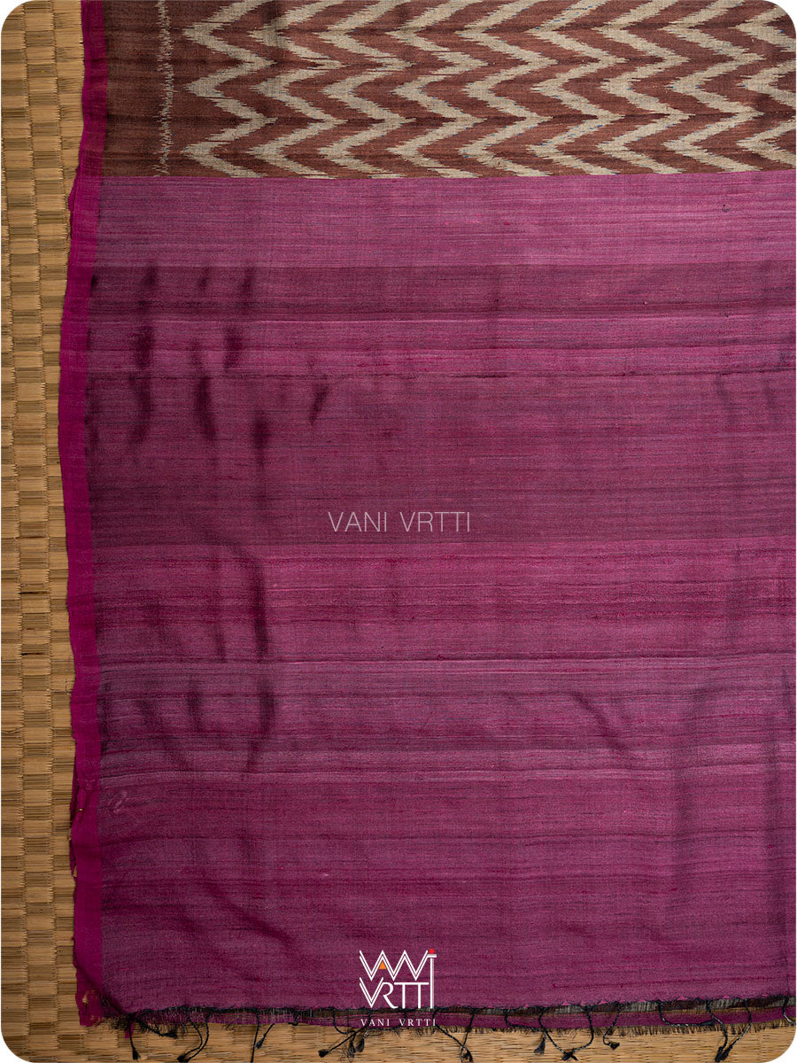 Brown Magenta Aziz Ikat Handspun Tussar Silk Saree