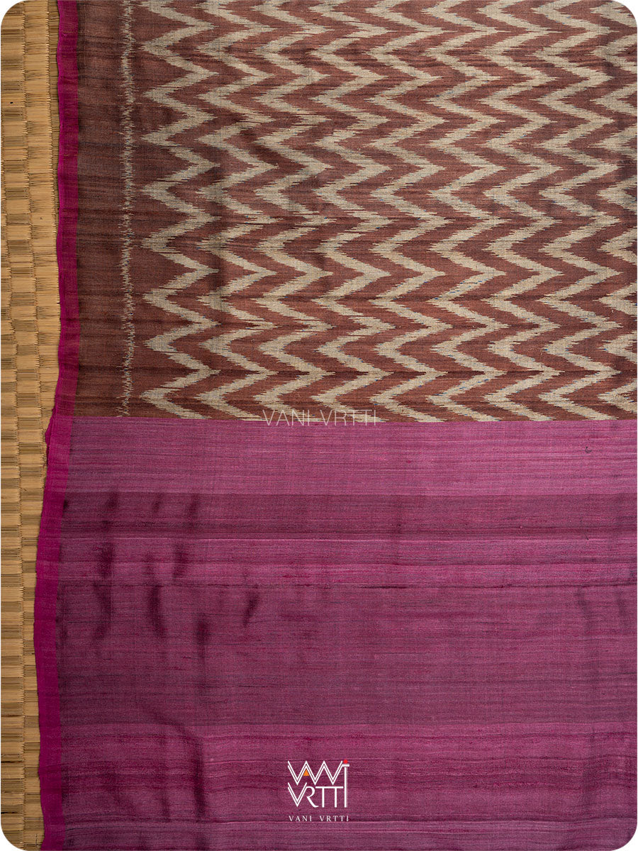 Brown Magenta Aziz Ikat Handspun Tussar Silk Saree