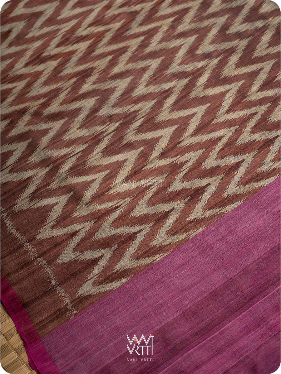 Brown Magenta Aziz Ikat Handspun Tussar Silk Saree