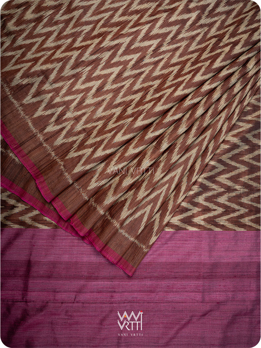 Brown Magenta Aziz Ikat Handspun Tussar Silk Saree