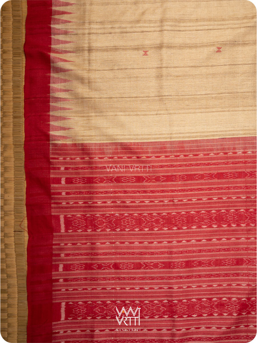 Off White Red Ikat Traditional Gopalpur Handspun Tussar Silk Saree