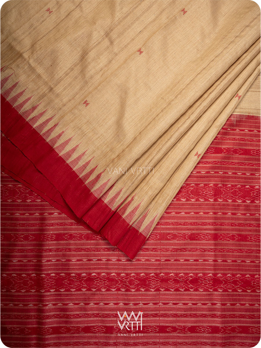 Off White Red Ikat Traditional Gopalpur Handspun Tussar Silk Saree