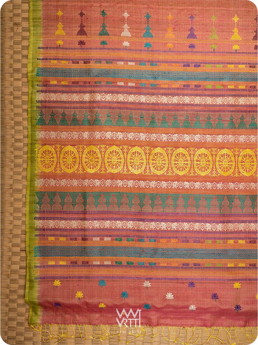 Peach Leaf Green Airavata Konark Handspun Tussar Silk Saree