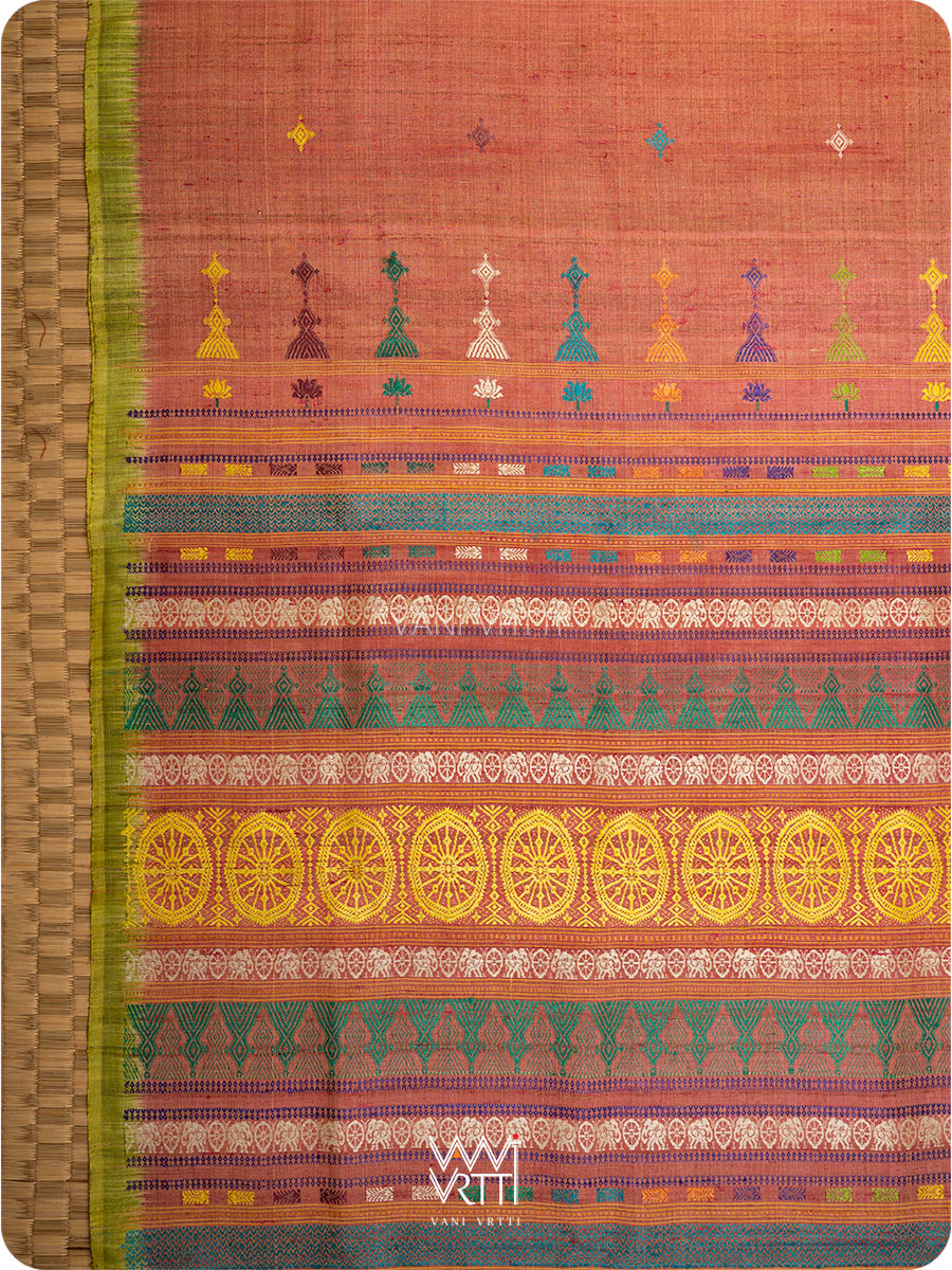 Peach Leaf Green Airavata Konark Handspun Tussar Silk Saree