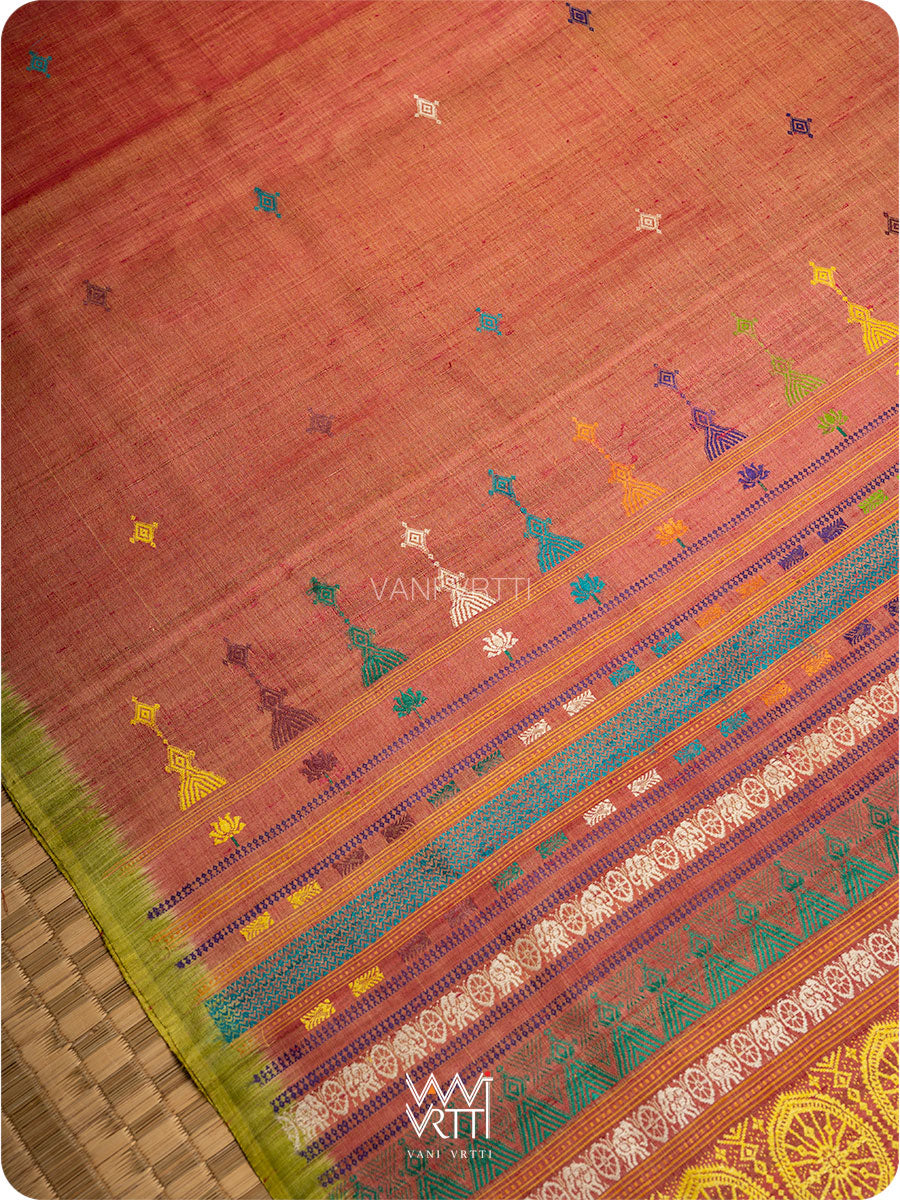 Peach Leaf Green Airavata Konark Handspun Tussar Silk Saree