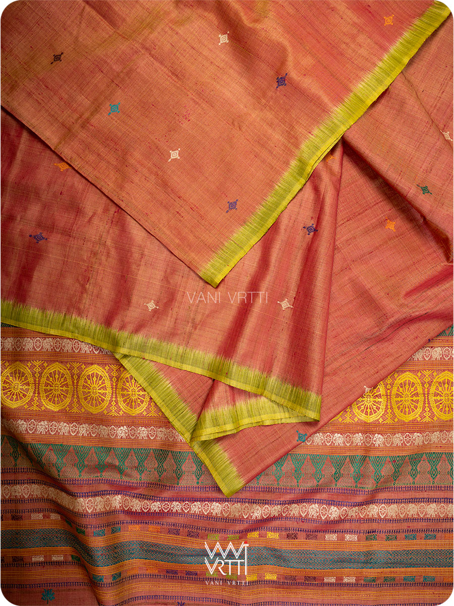 Peach Leaf Green Airavata Konark Handspun Tussar Silk Saree