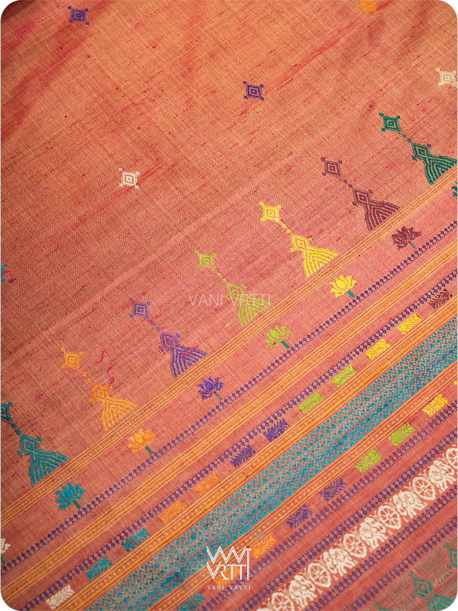 Peach Leaf Green Airavata Konark Handspun Tussar Silk Saree