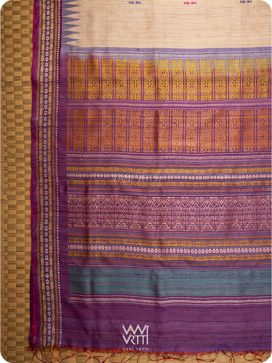 Off White Pink Purple Ganga Jamuna Ananta Handspun Tussar Silk Saree