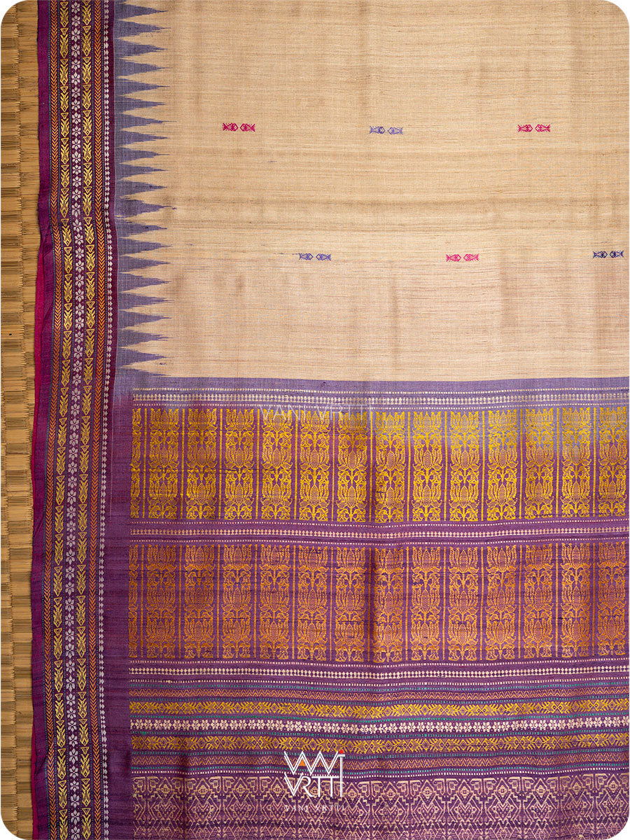 Off White Pink Purple Ganga Jamuna Ananta Handspun Tussar Silk Saree