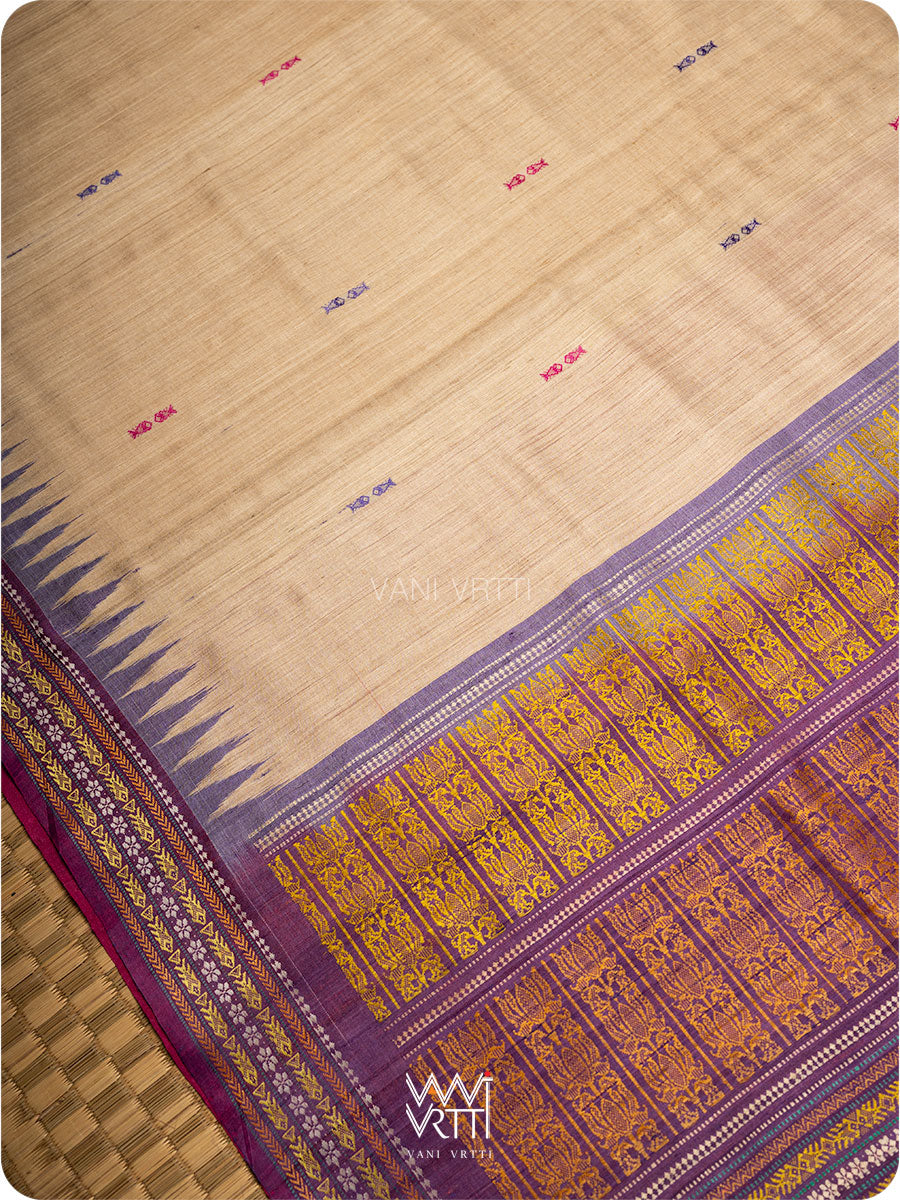 Off White Pink Purple Ganga Jamuna Ananta Handspun Tussar Silk Saree