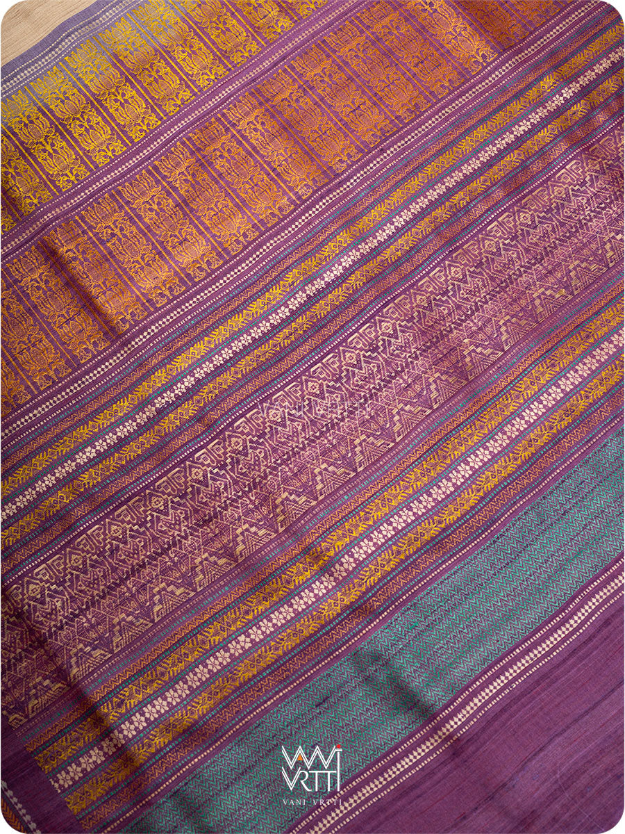 Off White Pink Purple Ganga Jamuna Ananta Handspun Tussar Silk Saree