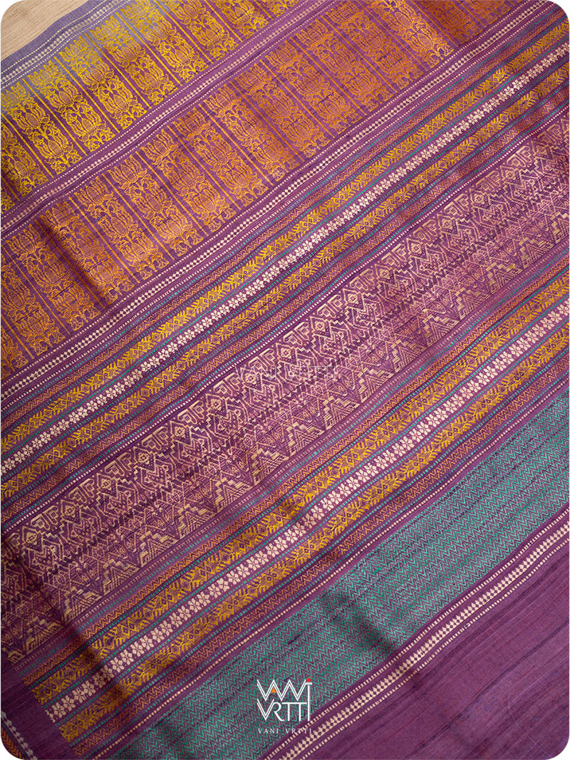 Off White Pink Purple Ganga Jamuna Ananta Handspun Tussar Silk Saree