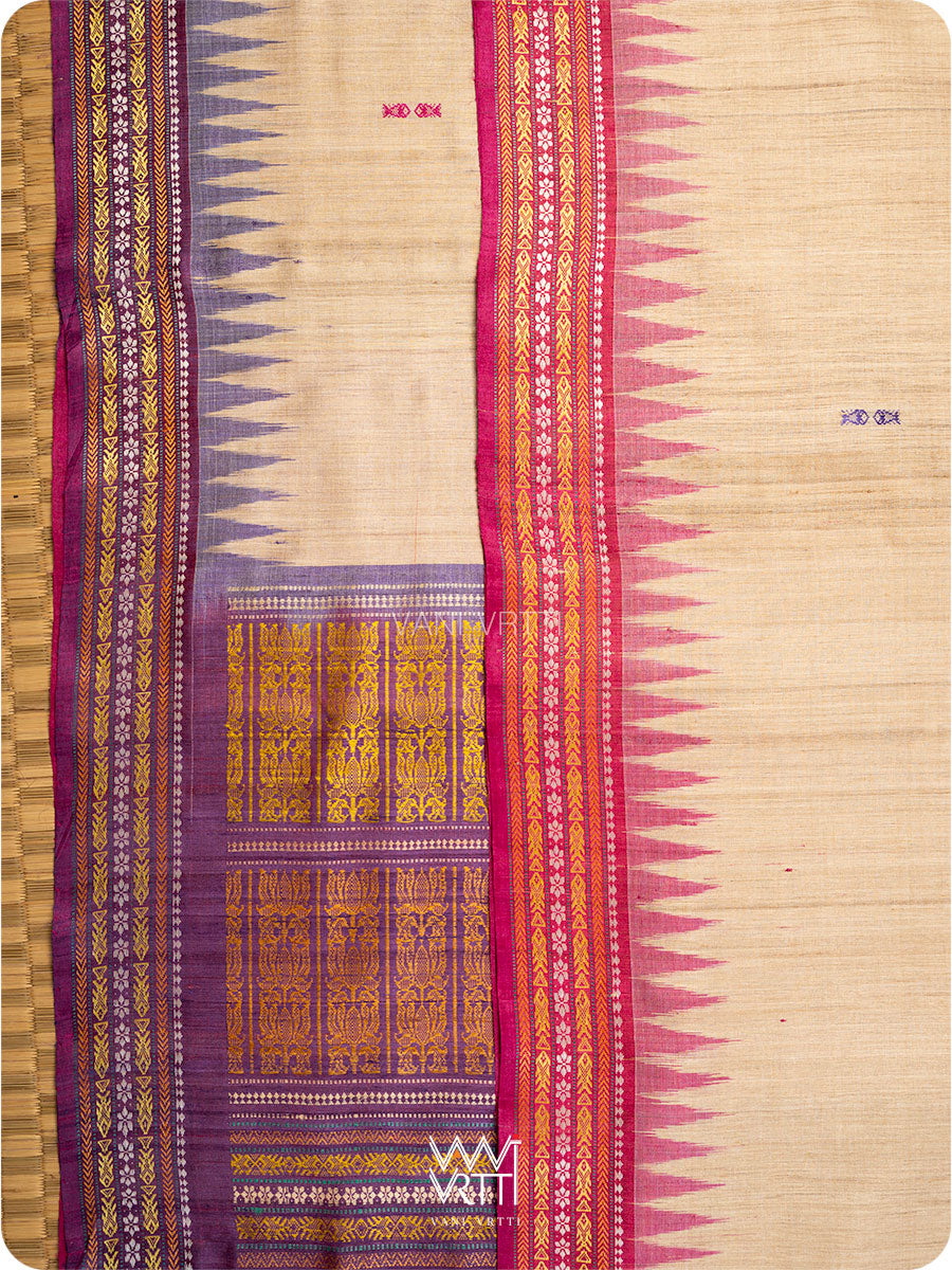 Off White Pink Purple Ganga Jamuna Ananta Handspun Tussar Silk Saree